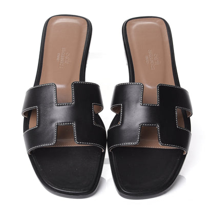 Hermes Box Calfskin Oran Sandals 38.5 Black 5 of 11