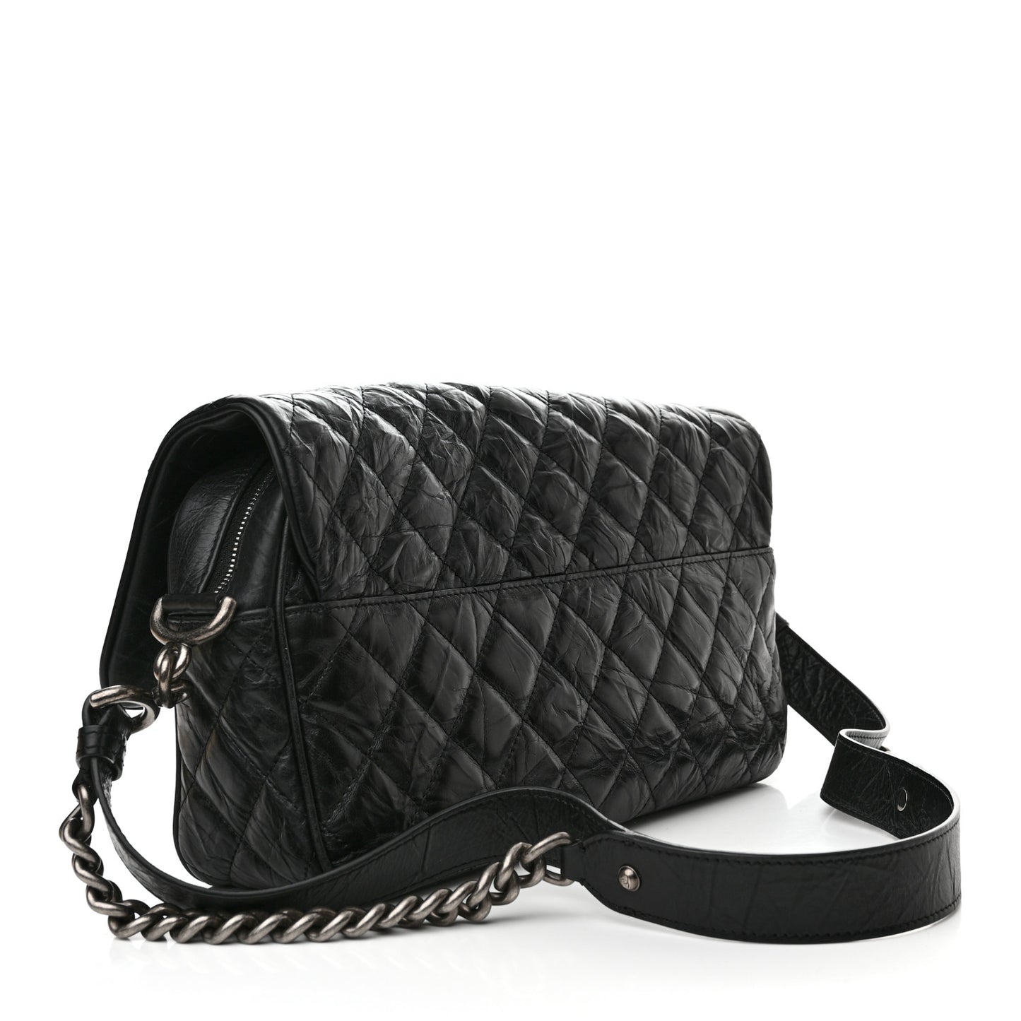 Crumpled Calfskin Quilted Medium Casual Rock Flap Black