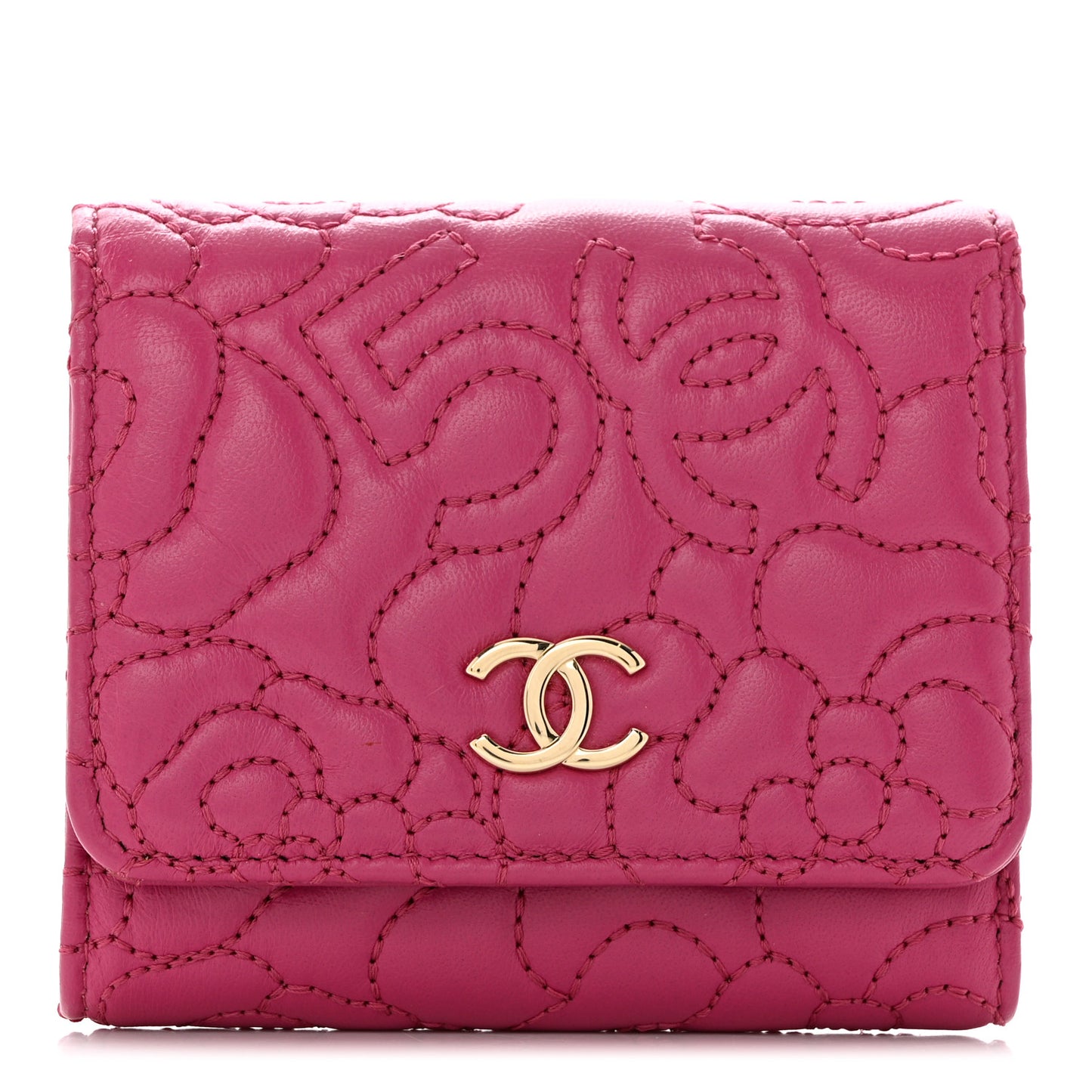Lambskin Camellia Embossed Small Wallet Pink