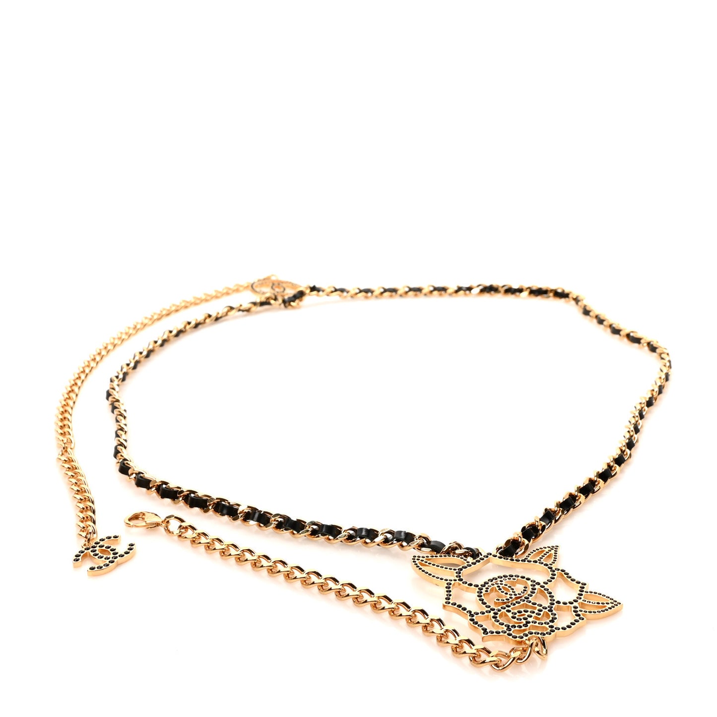 Crystal Lambskin CC Camellia Belt Black Gold
