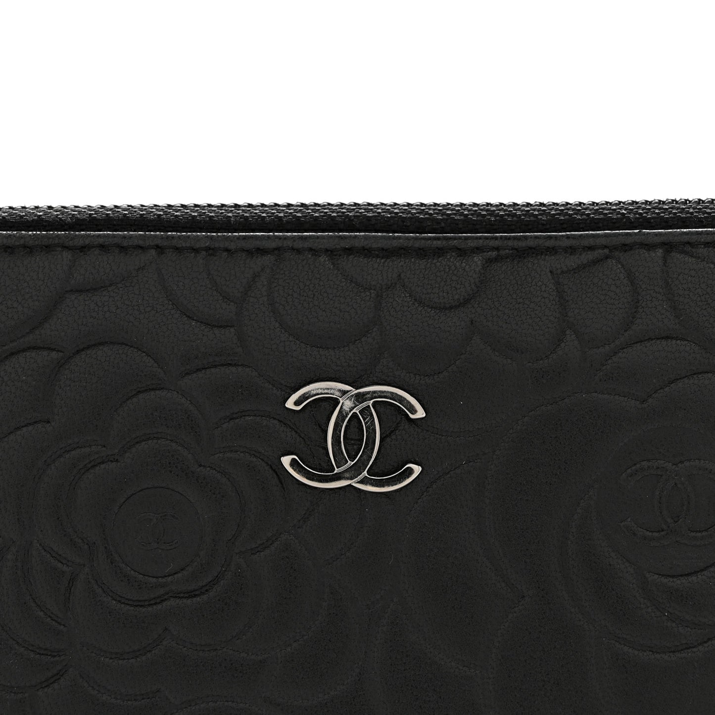 Lambskin Camellia Embossed Zip Around Organizer Wallet Black