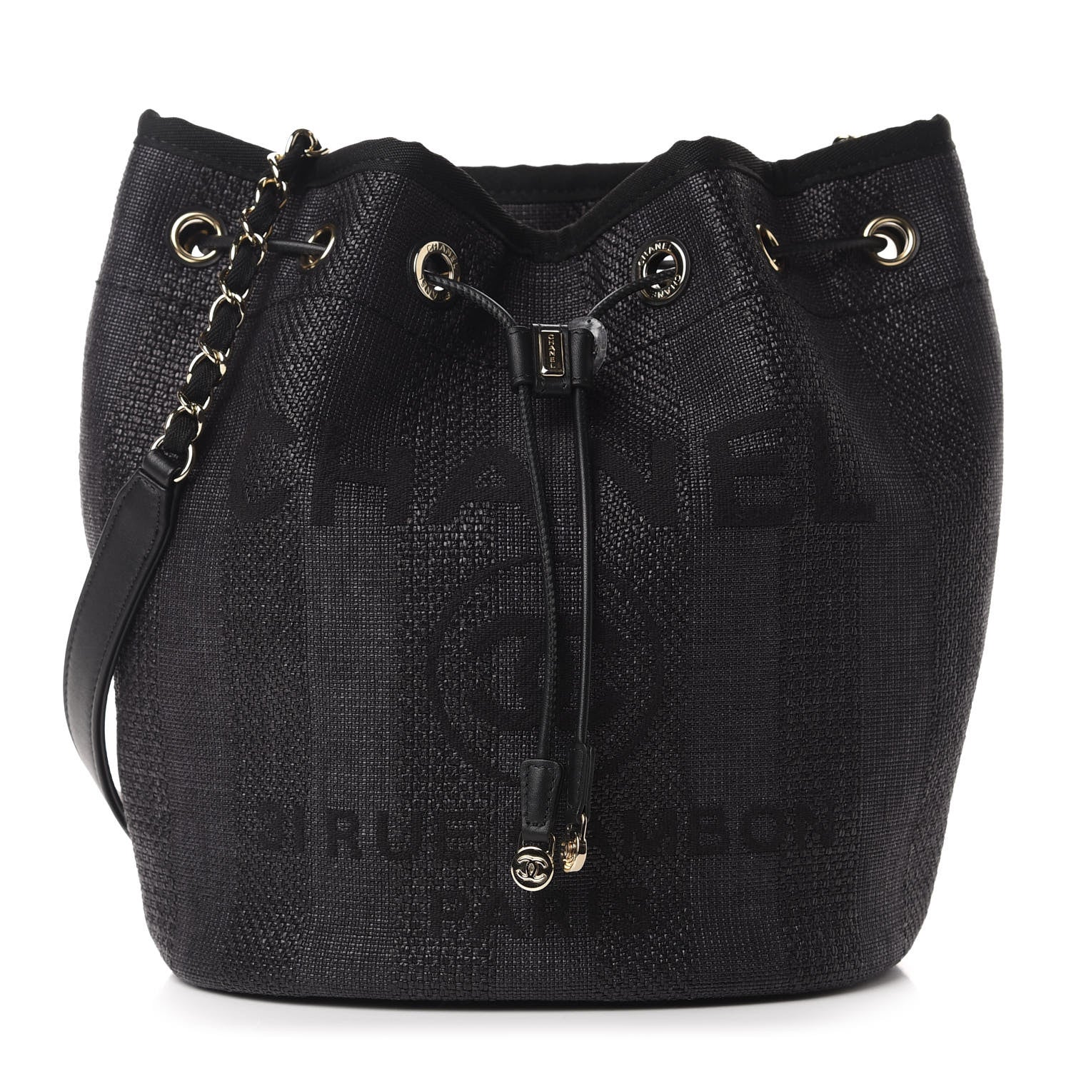 Chanel Mixed Fibers Stripe Deauville Drawstring Bag Black 1 of 11