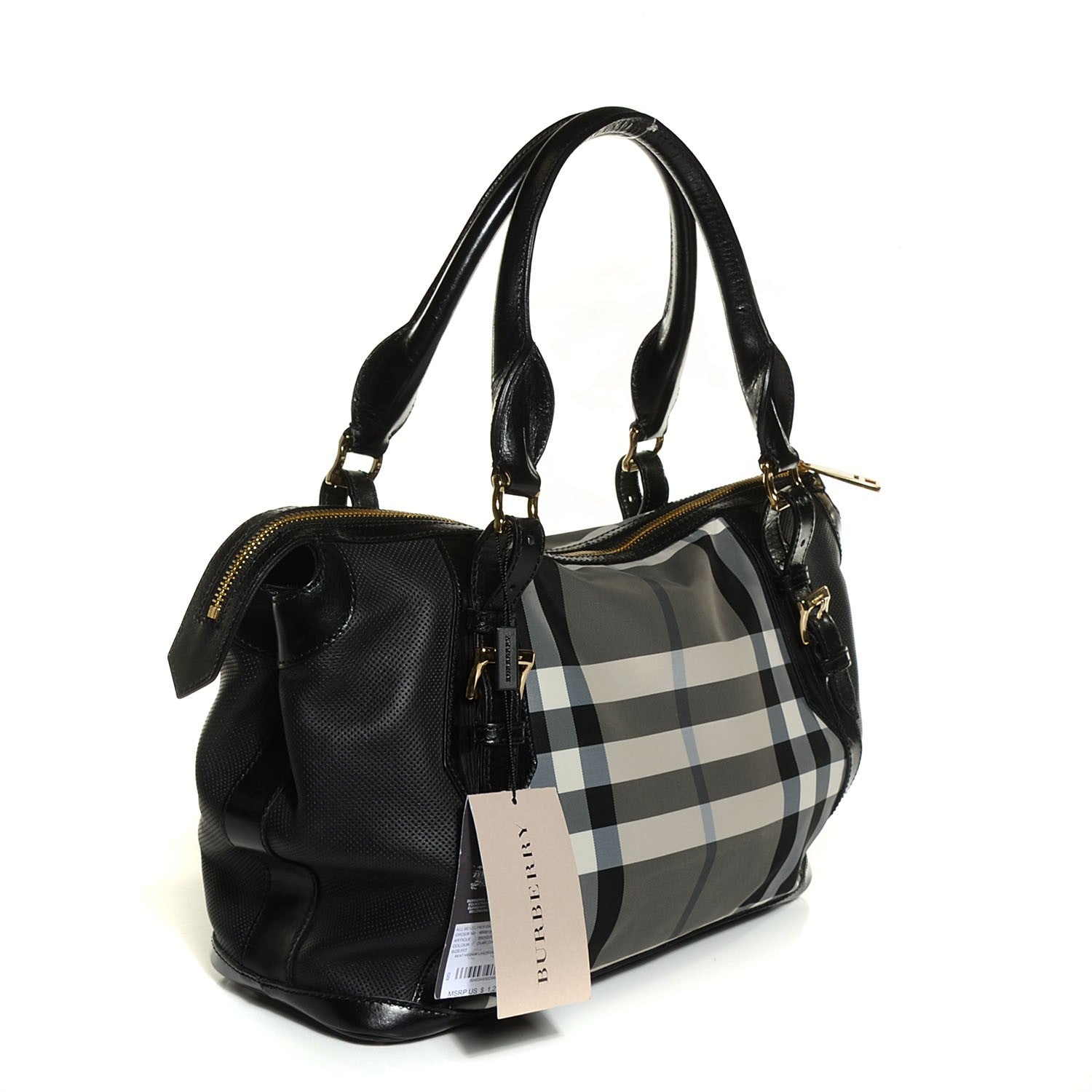Burberry Beat Check Bridle Calfskin Nylon Medium Landscape Lynher Tote Charcoal 3 of 12