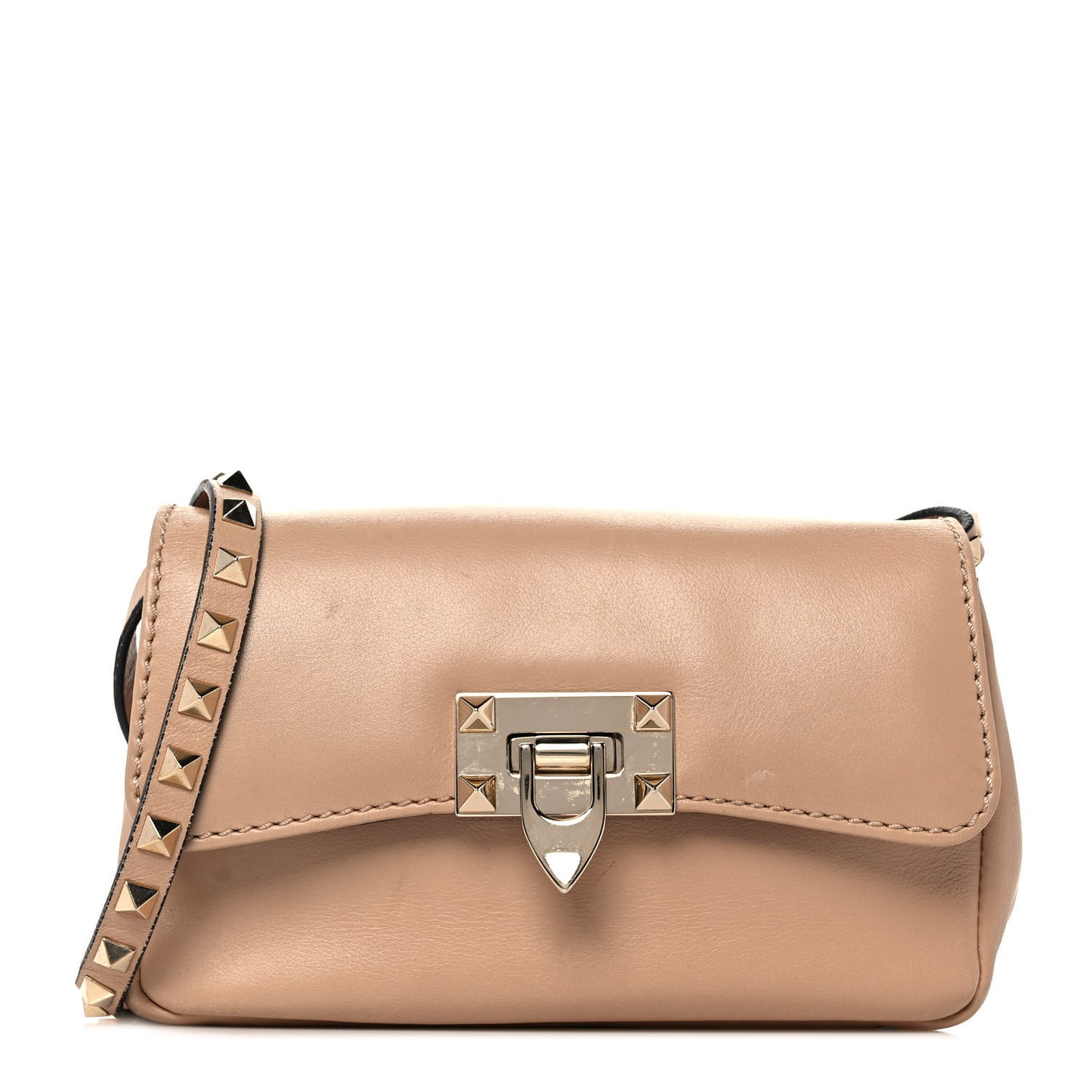 Vitello Rockstud Flip Lock Shoulder Flap Bag Beige