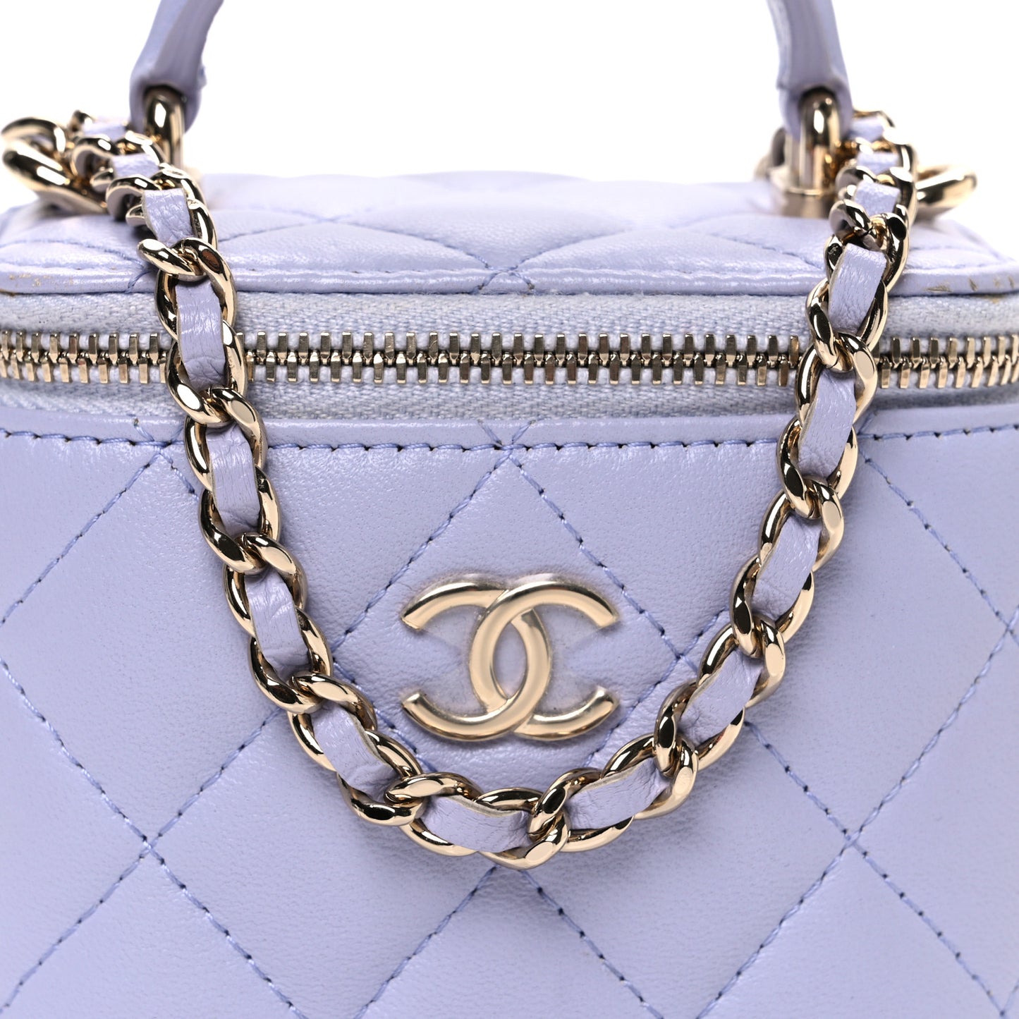 Lambskin Quilted Top Handle Mini Vanity Case With Chain Lilac