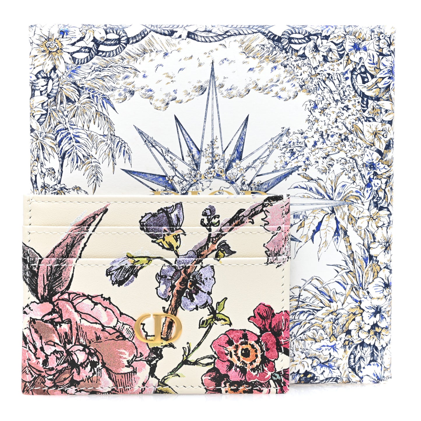 Calfskin Caro Floral Five-Slot Card Holder White Multicolor