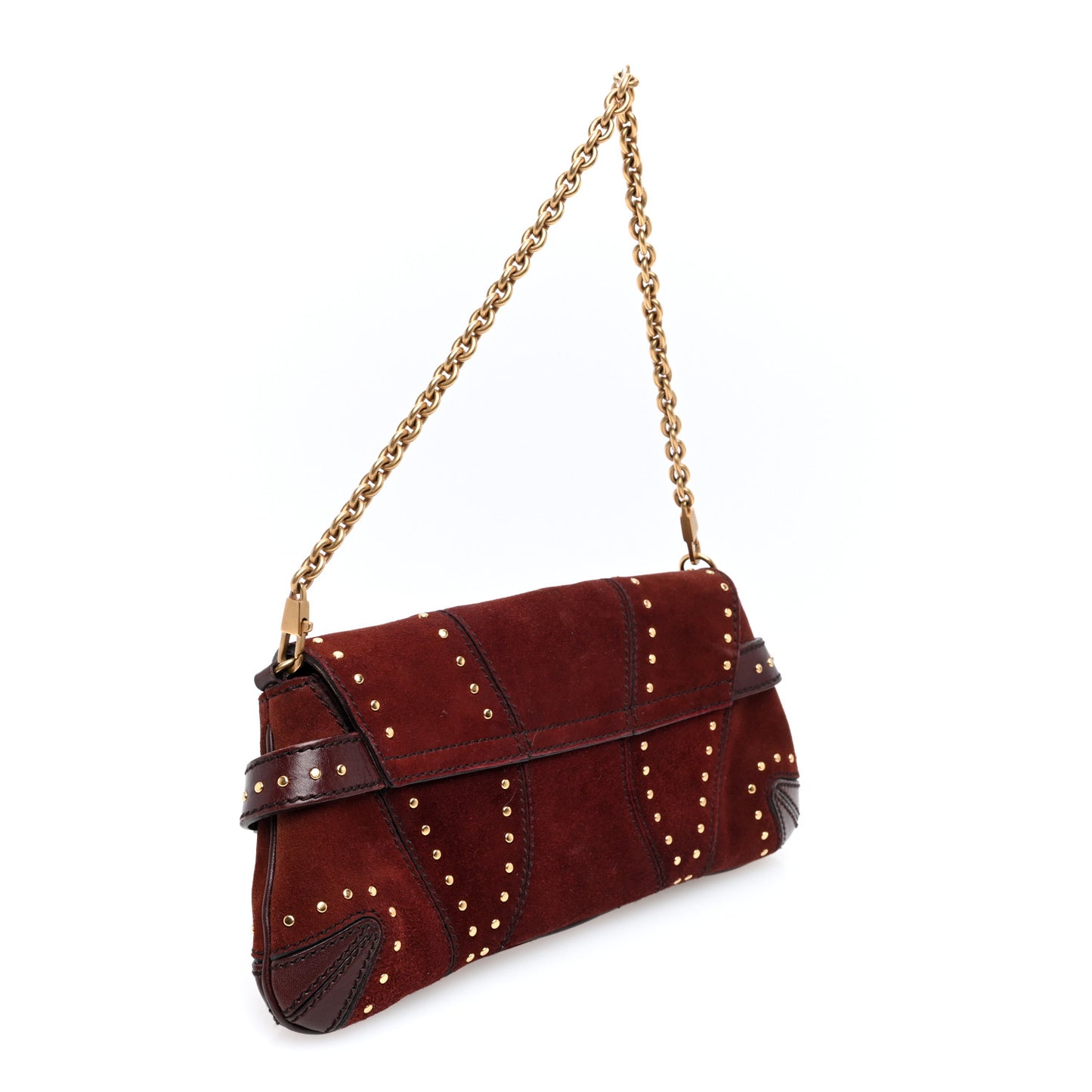 Suede Studded Horsebit Clutch Bag Burgundy