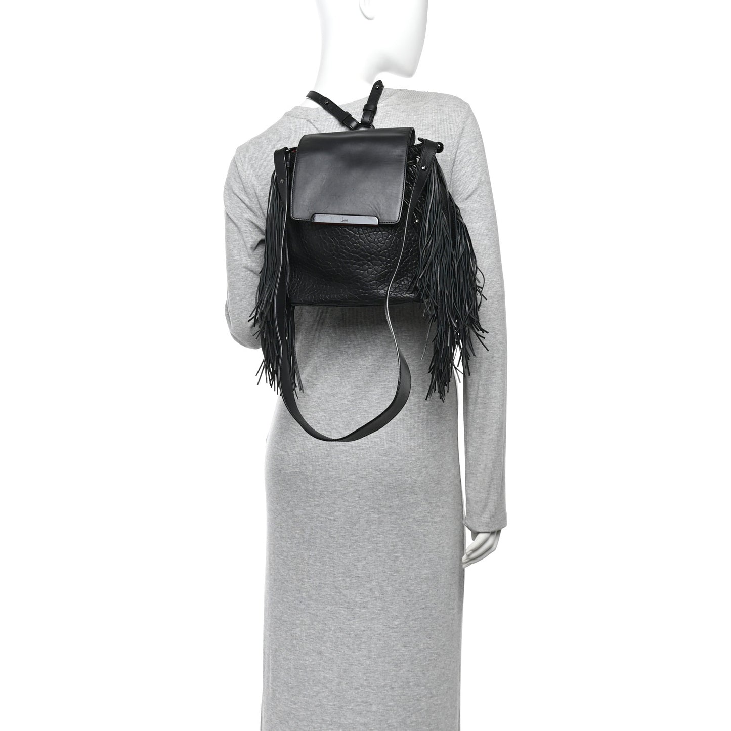 Pebbled Calfskin Fringe Lucky L Convertible Backpack Black