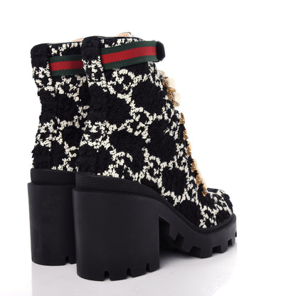 Gucci Tweed GG Monogram Lace Up Combat Ankle Boots 35 Black 4 of 11