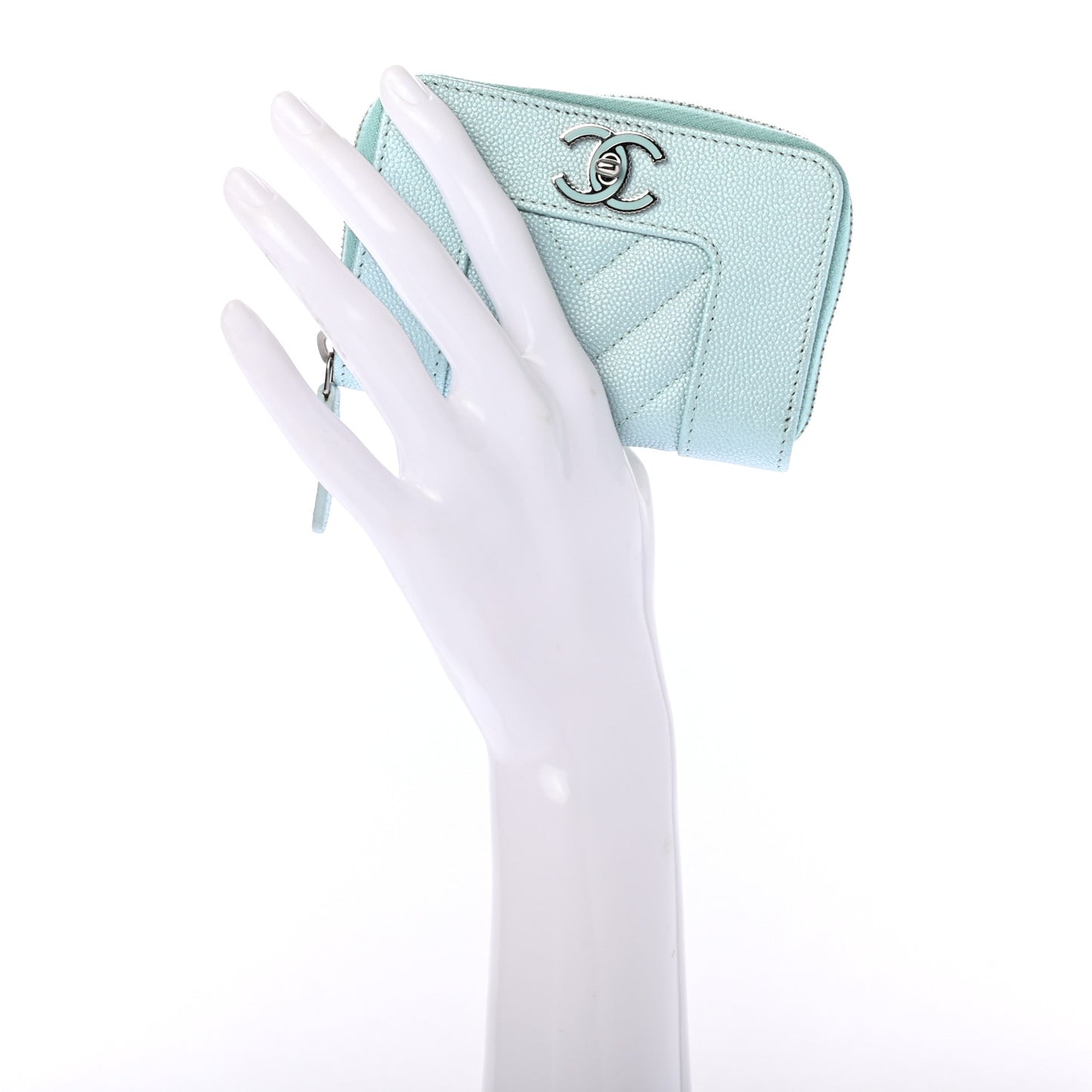 Metallic Caviar Chevron Quilted Vintage Mademoiselle Zip Coin Purse Light Blue
