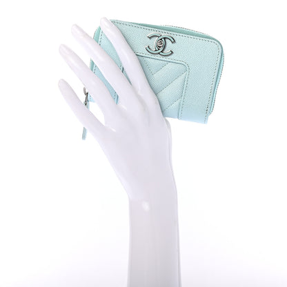 Chanel Metallic Caviar Chevron Quilted Vintage Mademoiselle Zip Coin Purse Light Blue 2 of 7