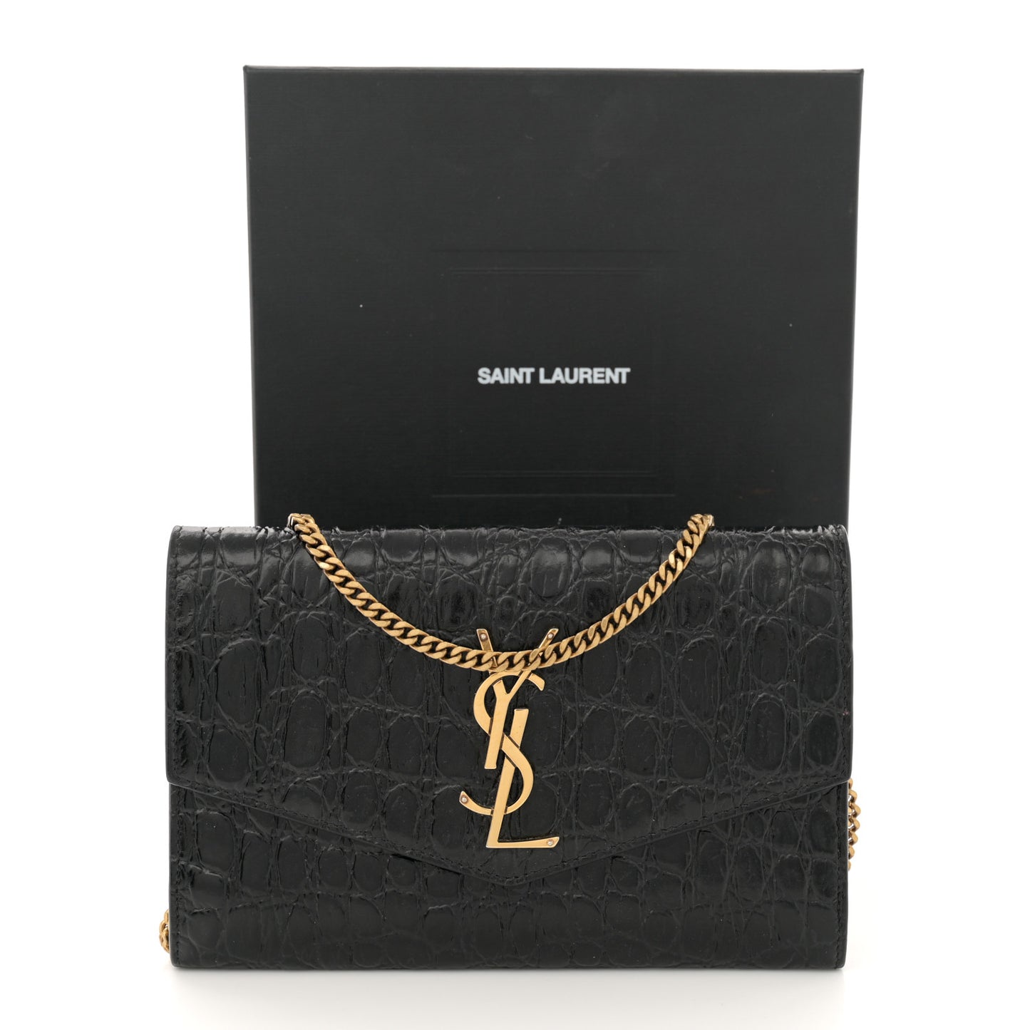 Calfskin Crocodile Embossed Monogram Uptown Chain Wallet Black