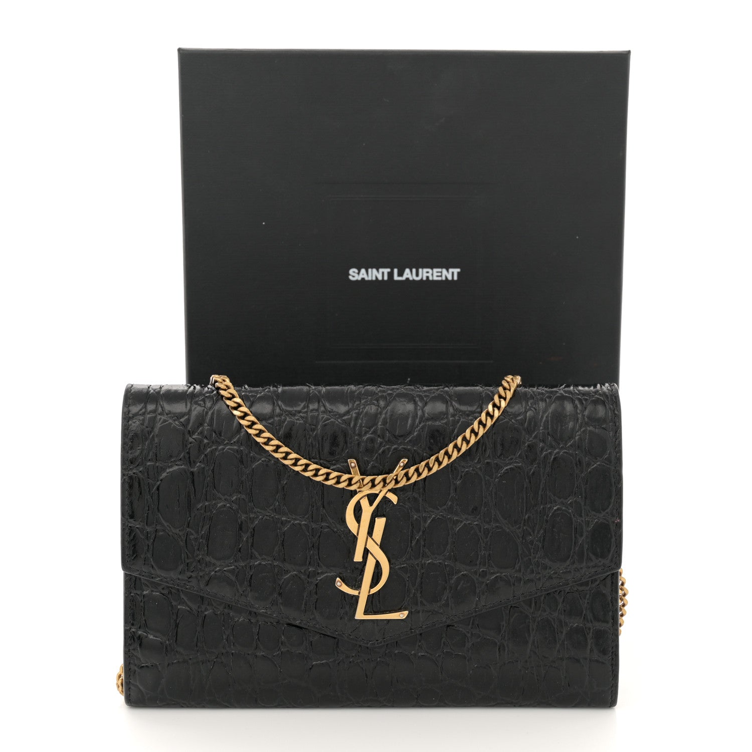 Saint Laurent Calfskin Crocodile Embossed Monogram Uptown Chain Wallet Black 13 of 13