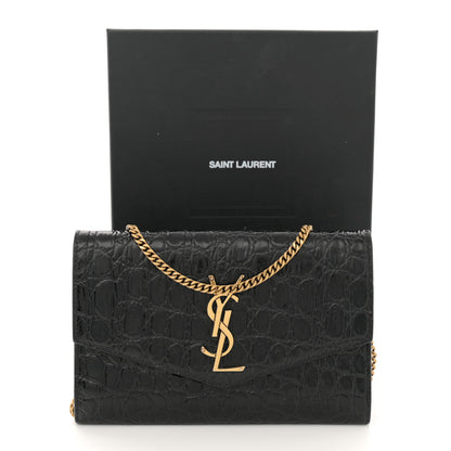 Saint Laurent Calfskin Crocodile Embossed Monogram Uptown Chain Wallet Black 13 of 13
