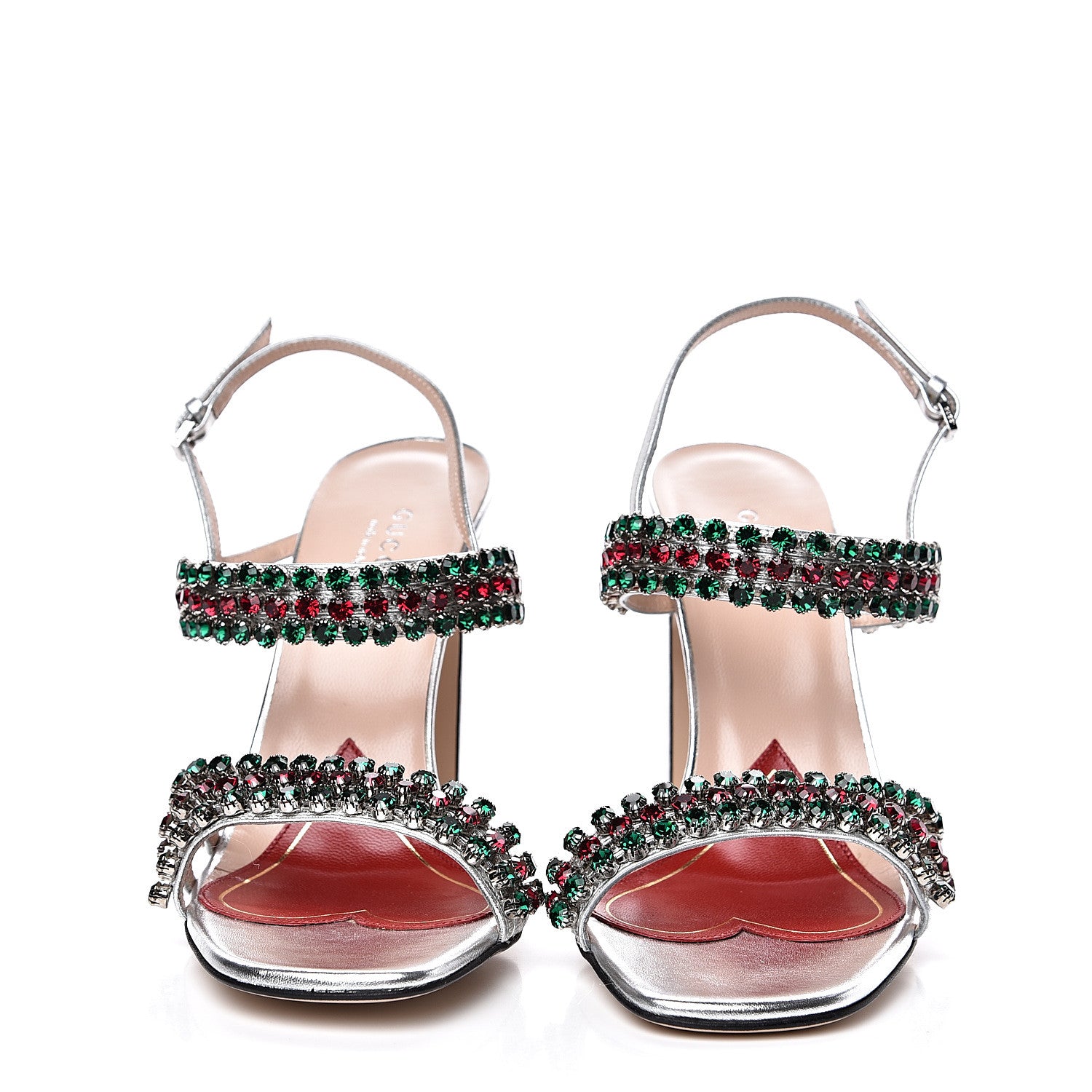 Gucci Nappa Silk Crystal Bertie High Heel Sandals 37.5 Argento 2 of 9