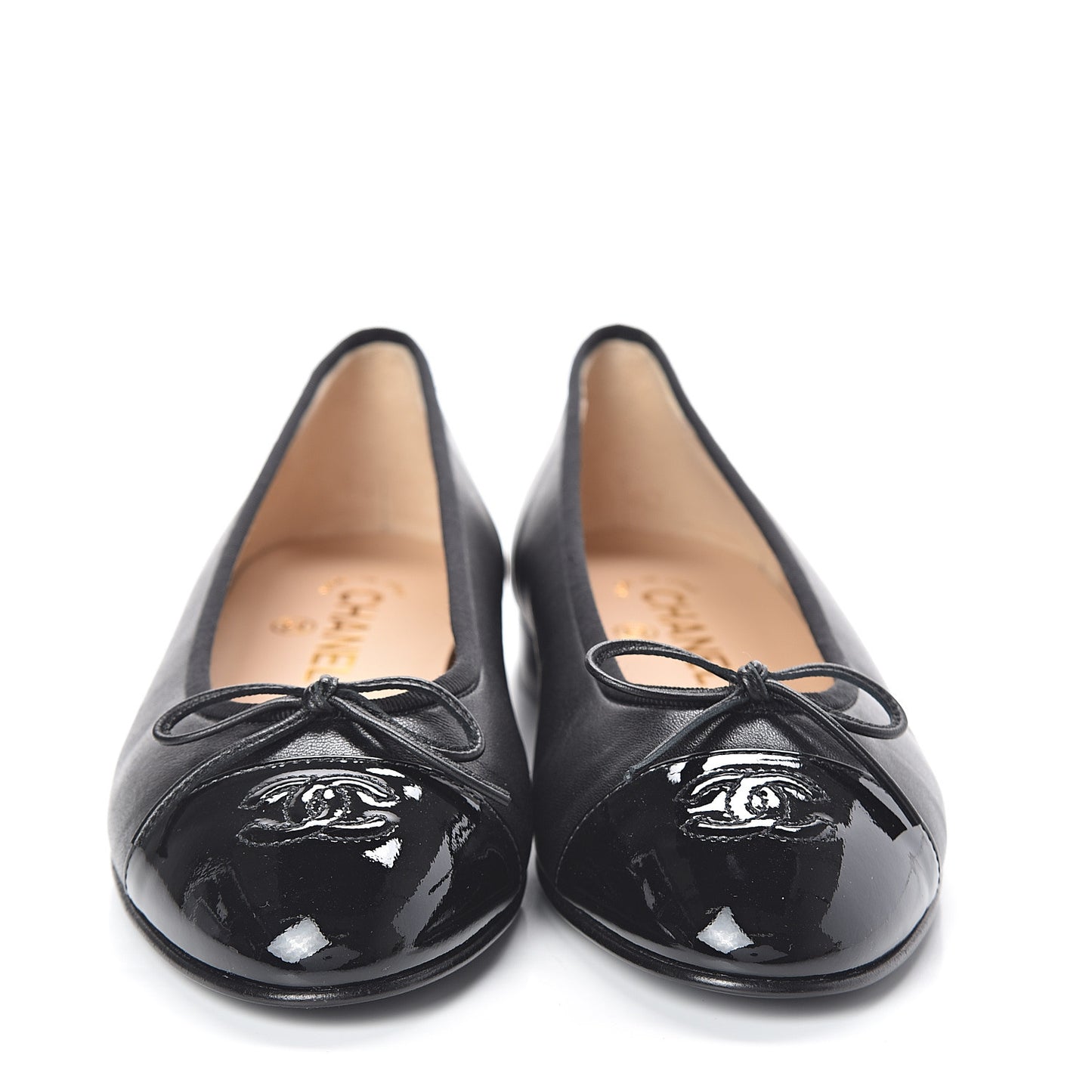 Lambskin Patent Cap Toe Ballerina Flats 38 Black