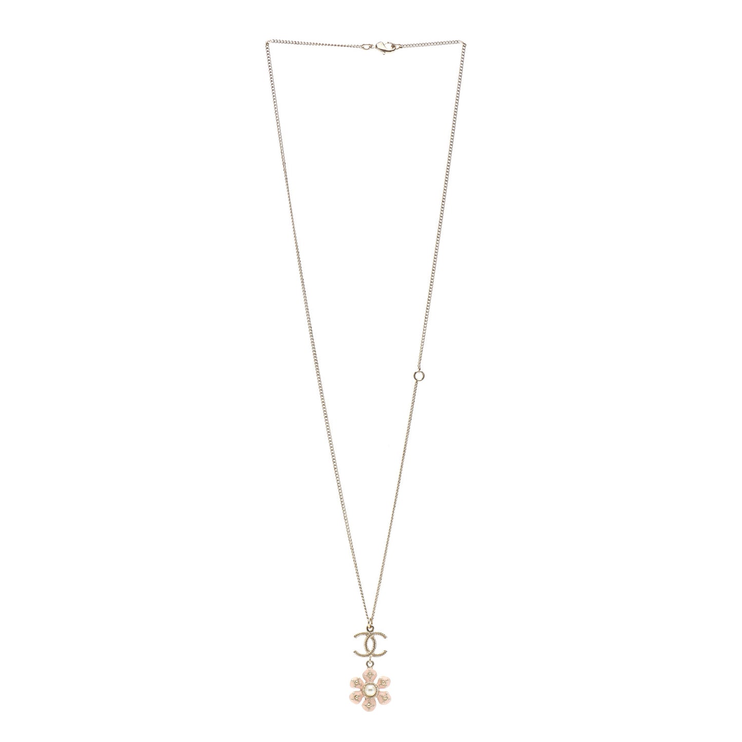 Enamel Pearl CC Flower Necklace Gold Pink