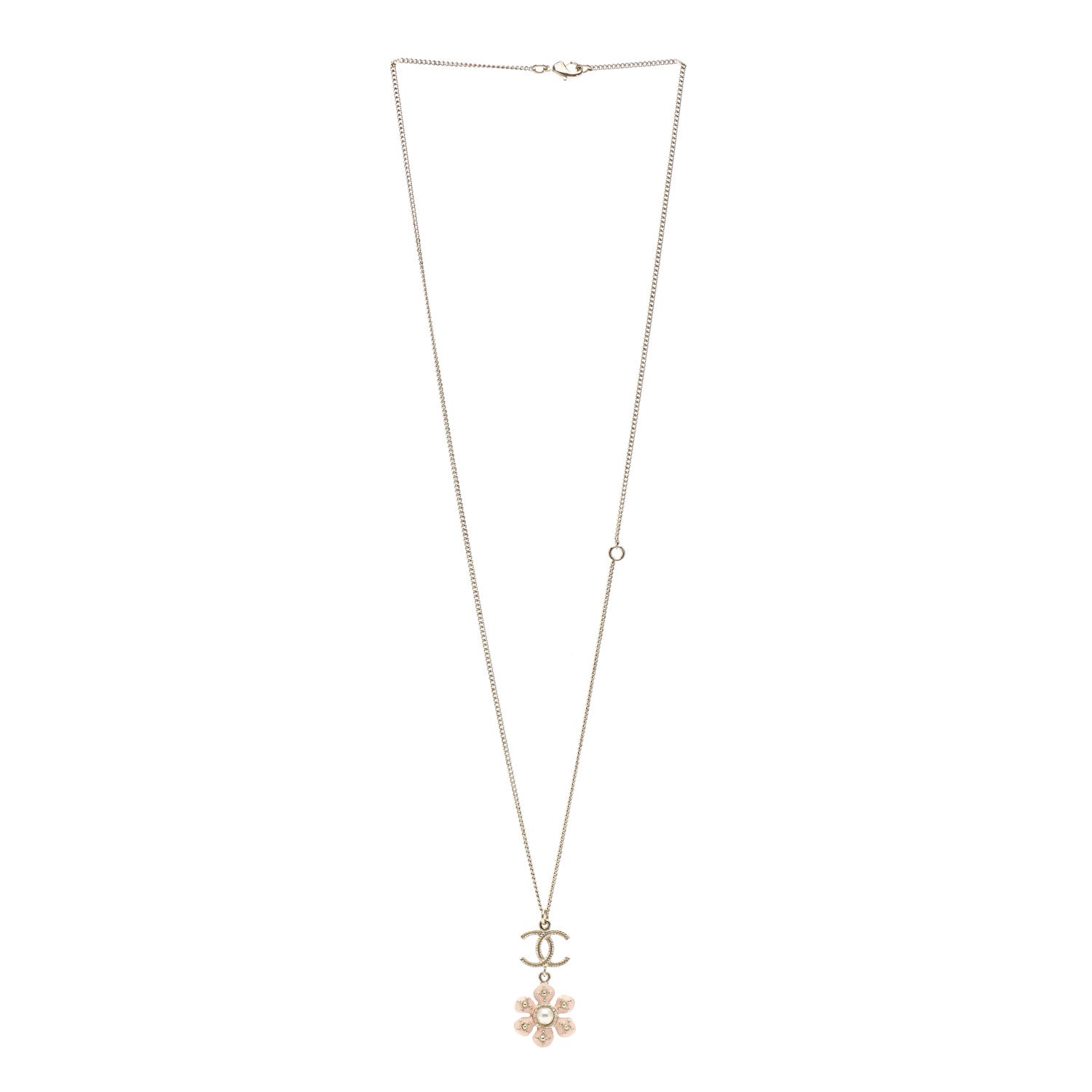 Chanel Enamel Pearl CC Flower Necklace Gold Pink 3 of 4