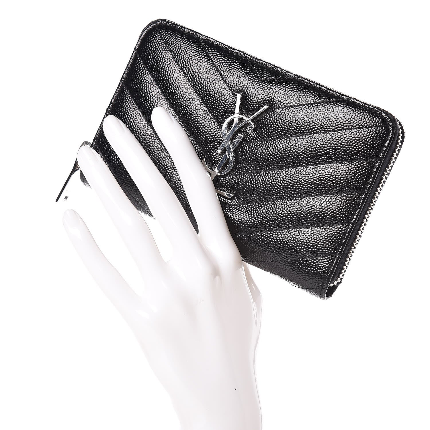 Saint Laurent Grain De Poudre Matelasse Chevron Monogram Zip Around Wallet Black 2 of 8