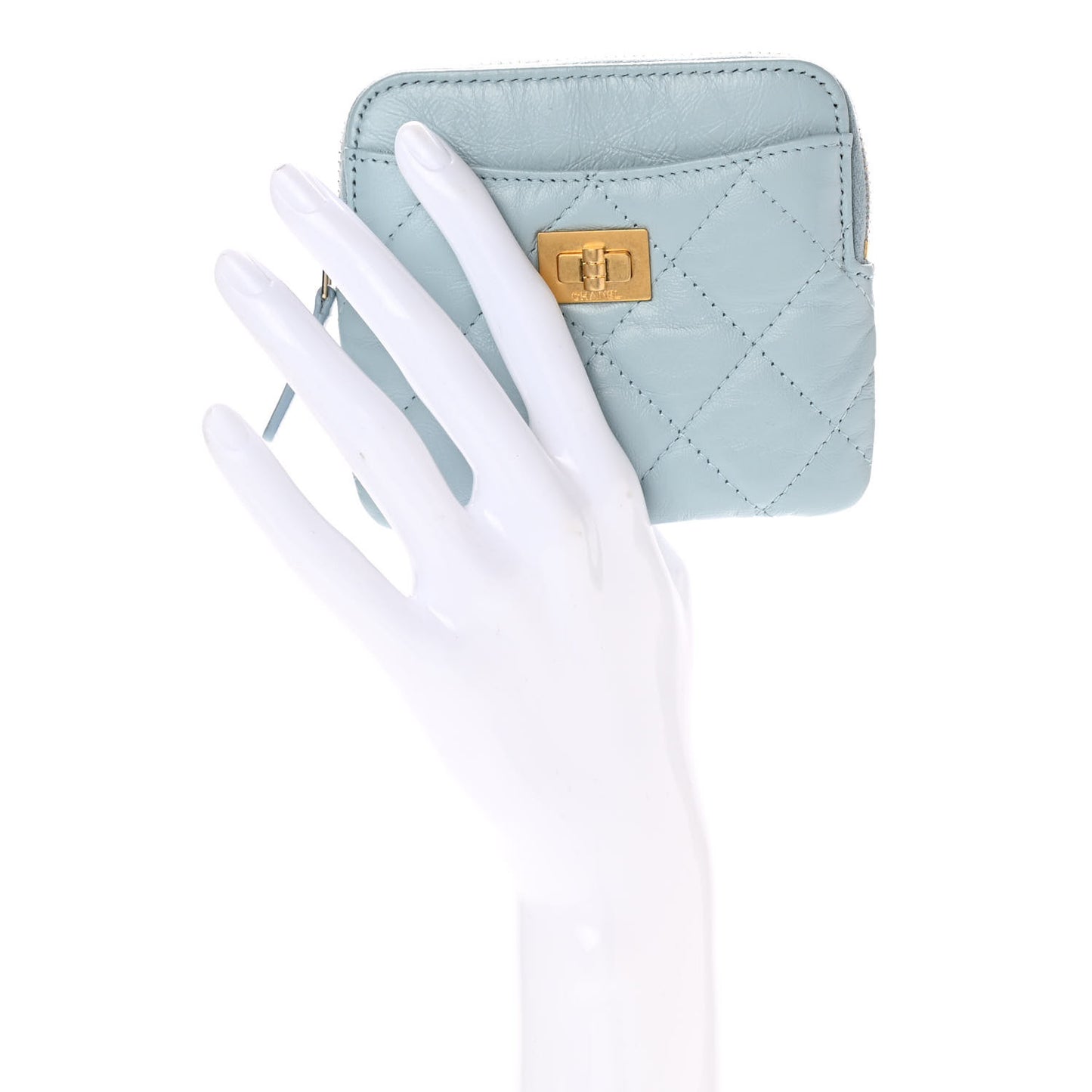 Aged Calfskin Quilted Chanel Reissue Zip Card Holder Wallet Light Blue