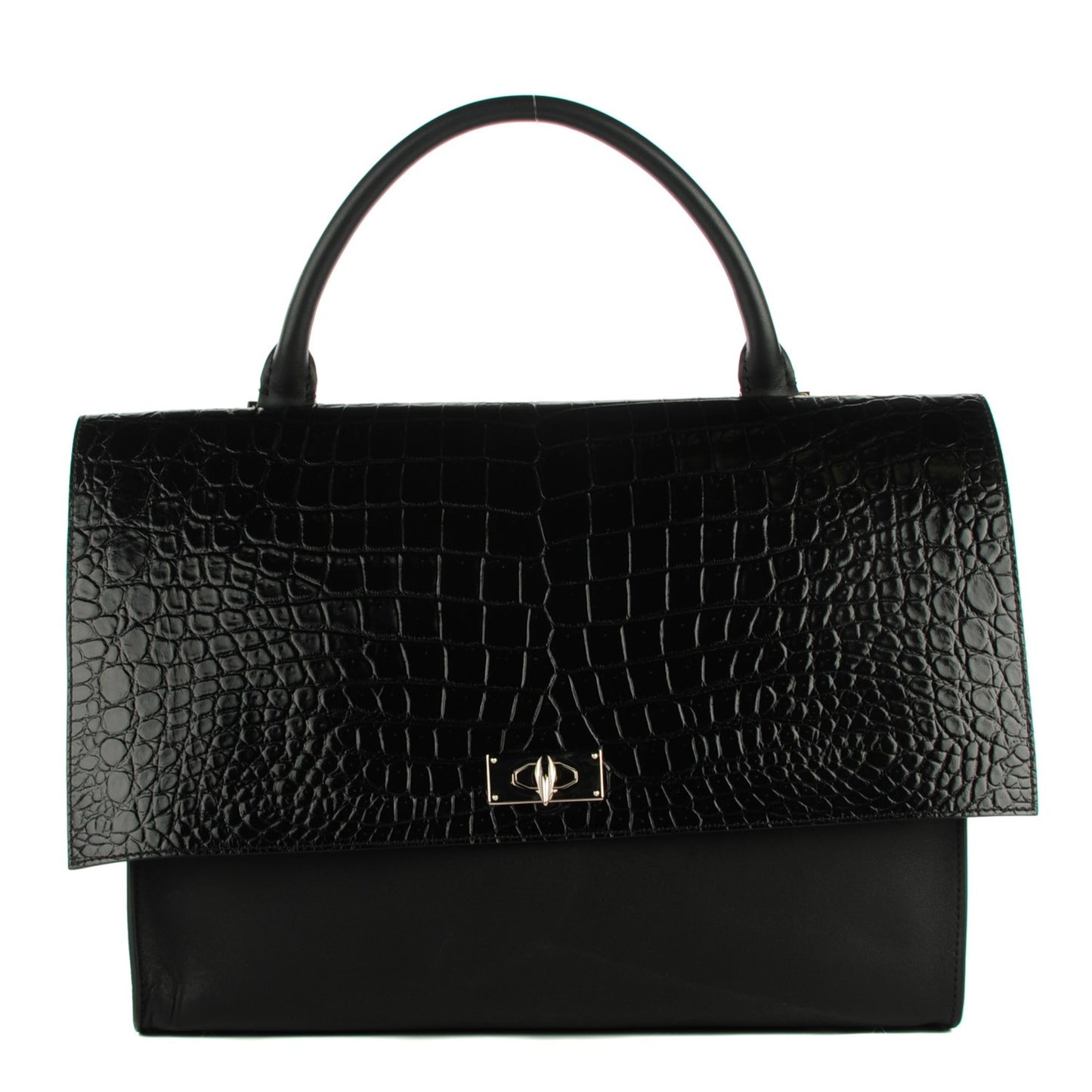 Calfskin Crocodile Embossed Large Shark Lock Satchel Black