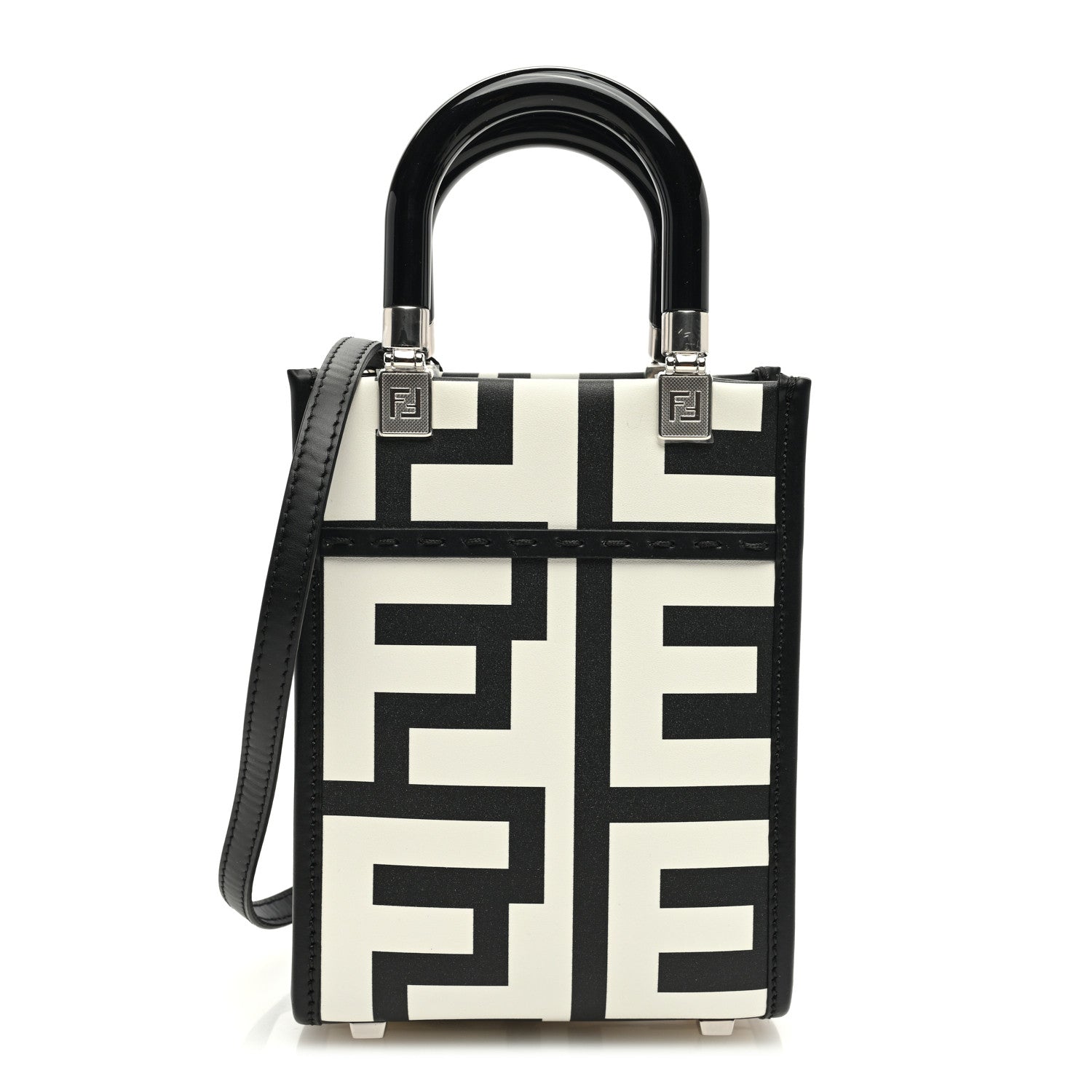 Fendi X MARC JACOBS Vitello King Plexiglass Logo Print Mini Fendi Sunshine Shopper Tote Black White 1 of 9