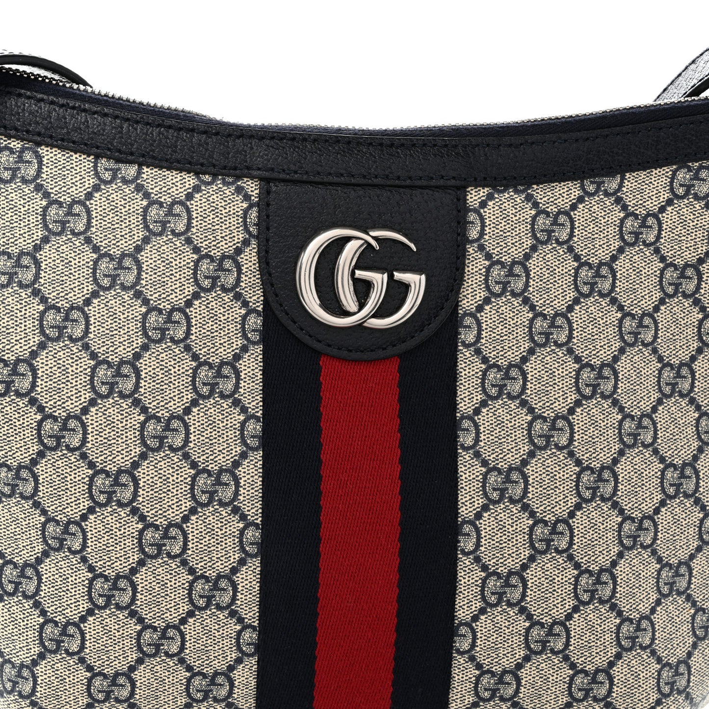 GG Supreme Monogram Textured Dollar Calfskin Web Small Ophidia Half Moon Hobo Beige Blue