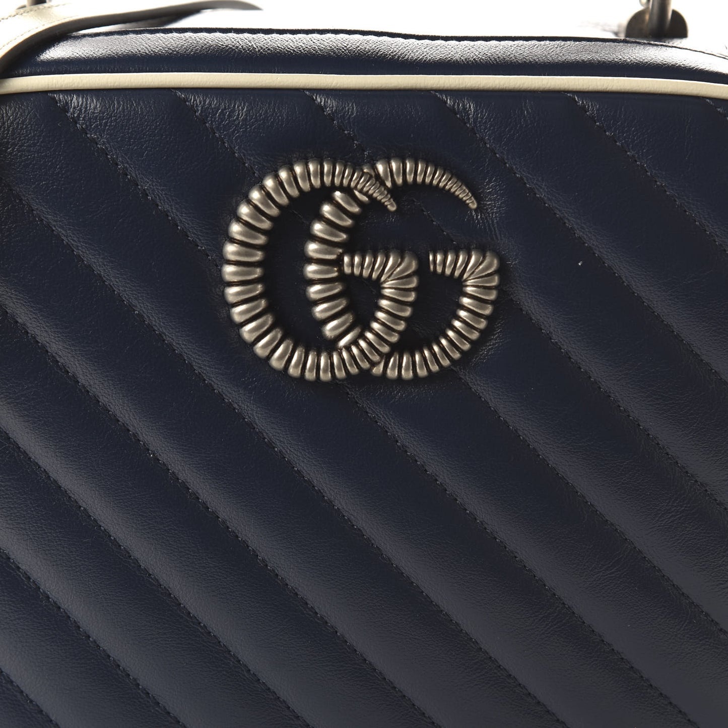 Vintage Effect Calfskin Matelasse Diagonal Small Torchon GG Marmont Bamboo Top Handle Shoulder Bag Blue Agata Mystic White