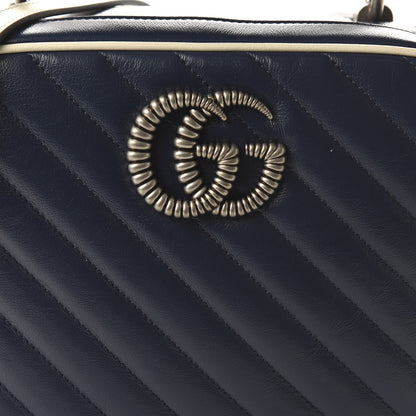 Gucci Vintage Effect Calfskin Matelasse Diagonal Small Torchon GG Marmont Bamboo Top Handle Shoulder Bag Blue Agata Mystic White 10 of 10