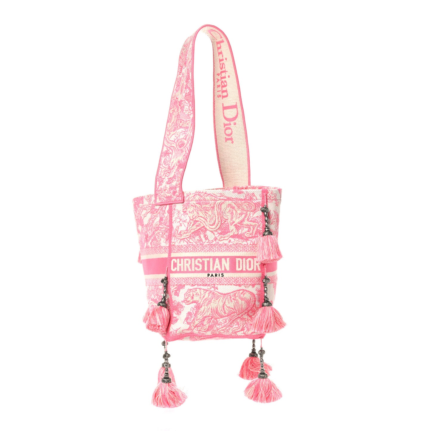 Canvas Reverse Embroidered Toile De Jouy D-Bubble Bucket Bag Peony Pink