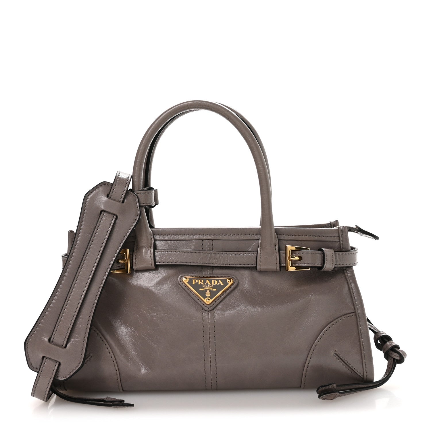 Prada Glossy Calfskin Triangle Mini Bonnie Shoulder Bag Pewter 1 of 10