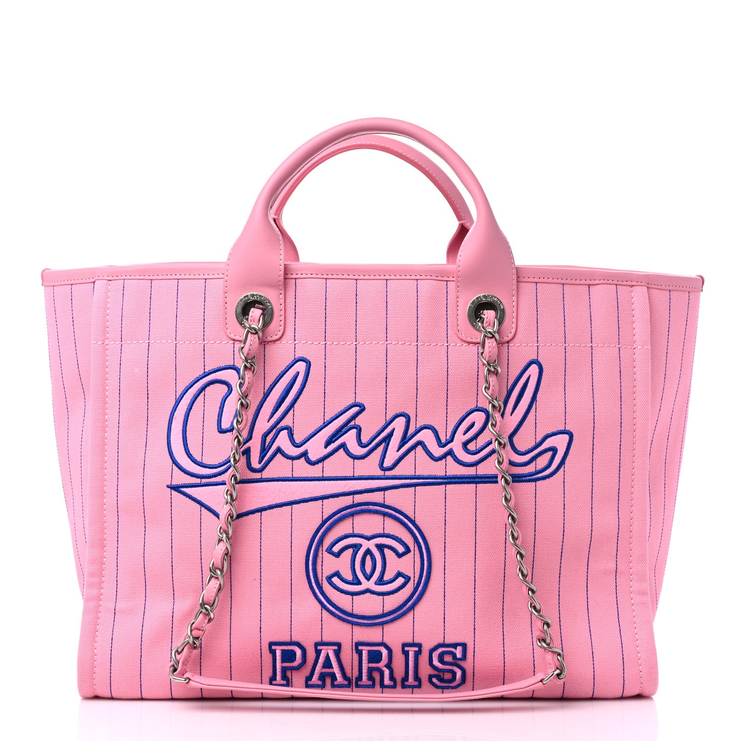 Canvas Calfskin Striped Large Deauville Tote Pink Blue