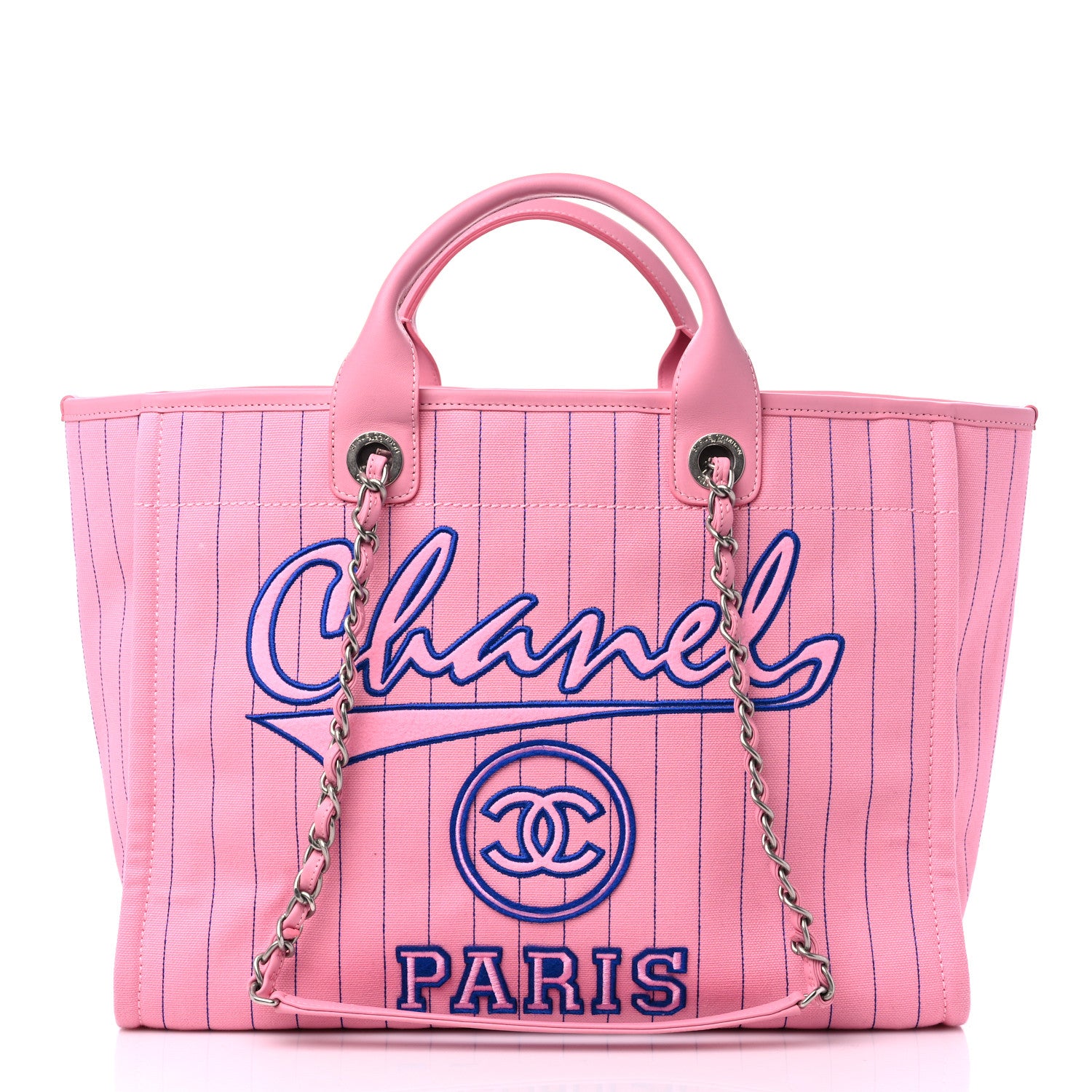 Chanel Canvas Calfskin Striped Large Deauville Tote Pink Blue 3 of 10