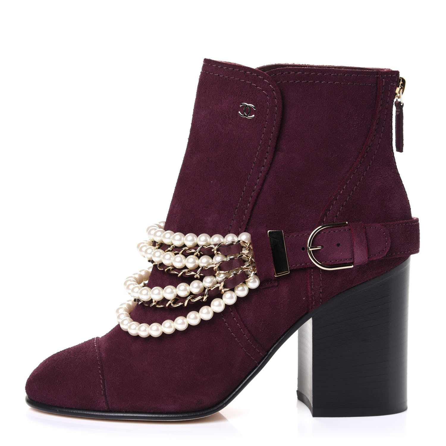 Chanel Suede Calfskin Pearl Cap Toe Short Boots 38 Burgundy 1 of 4