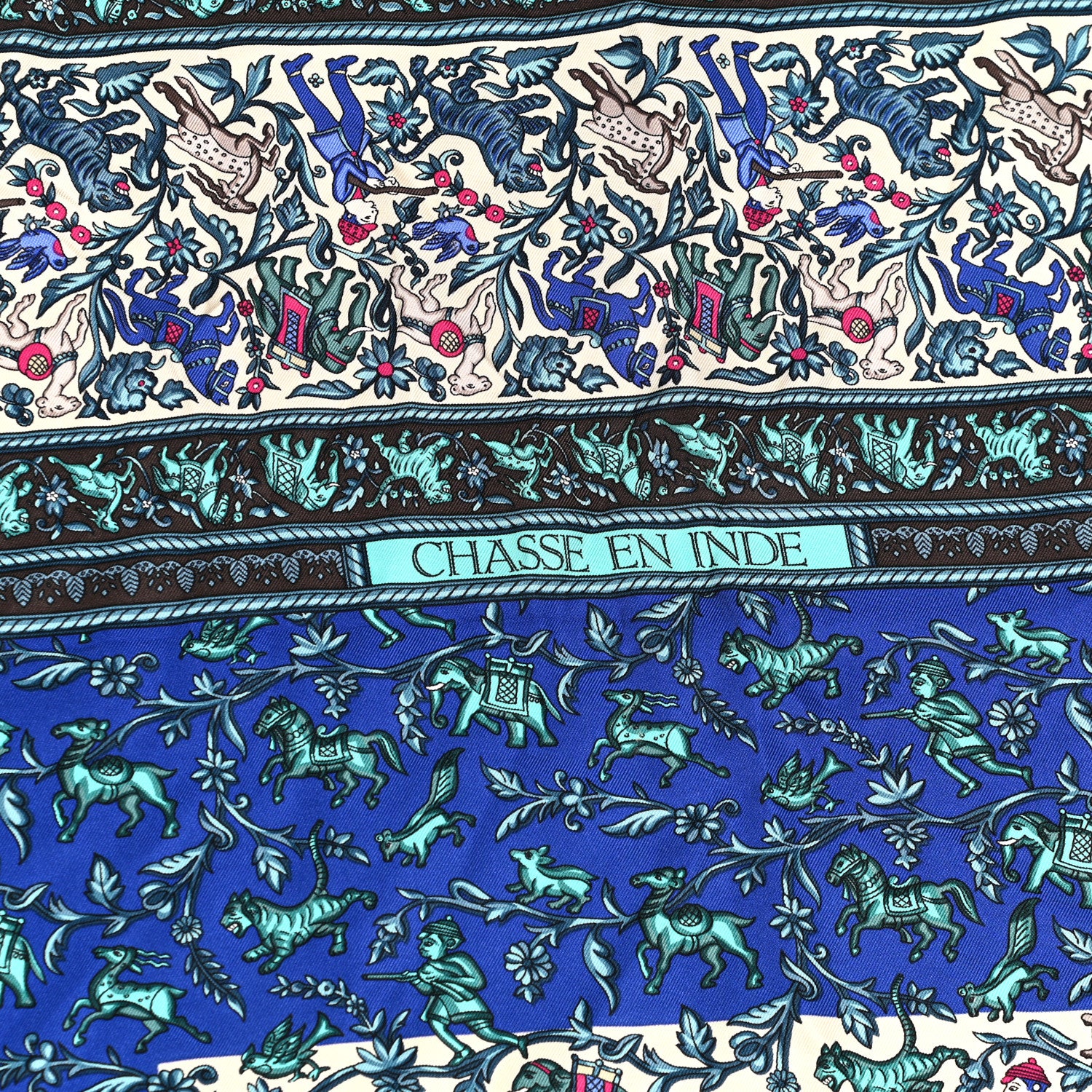 Hermes Silk Chasse En Inde Scarf 90 Gris Bleu dur Craie Aqua 5 of 5