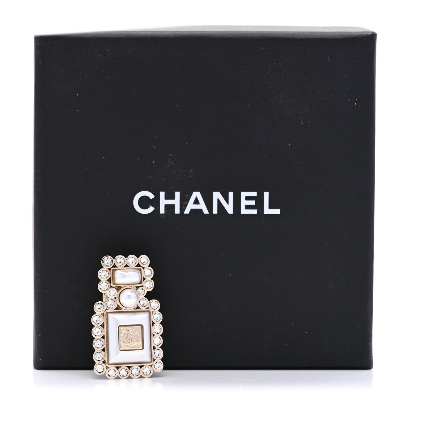 Resin Crystal Pearl Perfume Bottle CC Brooch White Gold