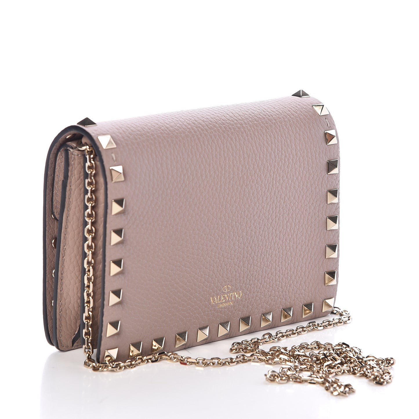 Pebbled Calfskin Rockstud Wallet on Chain Poudre