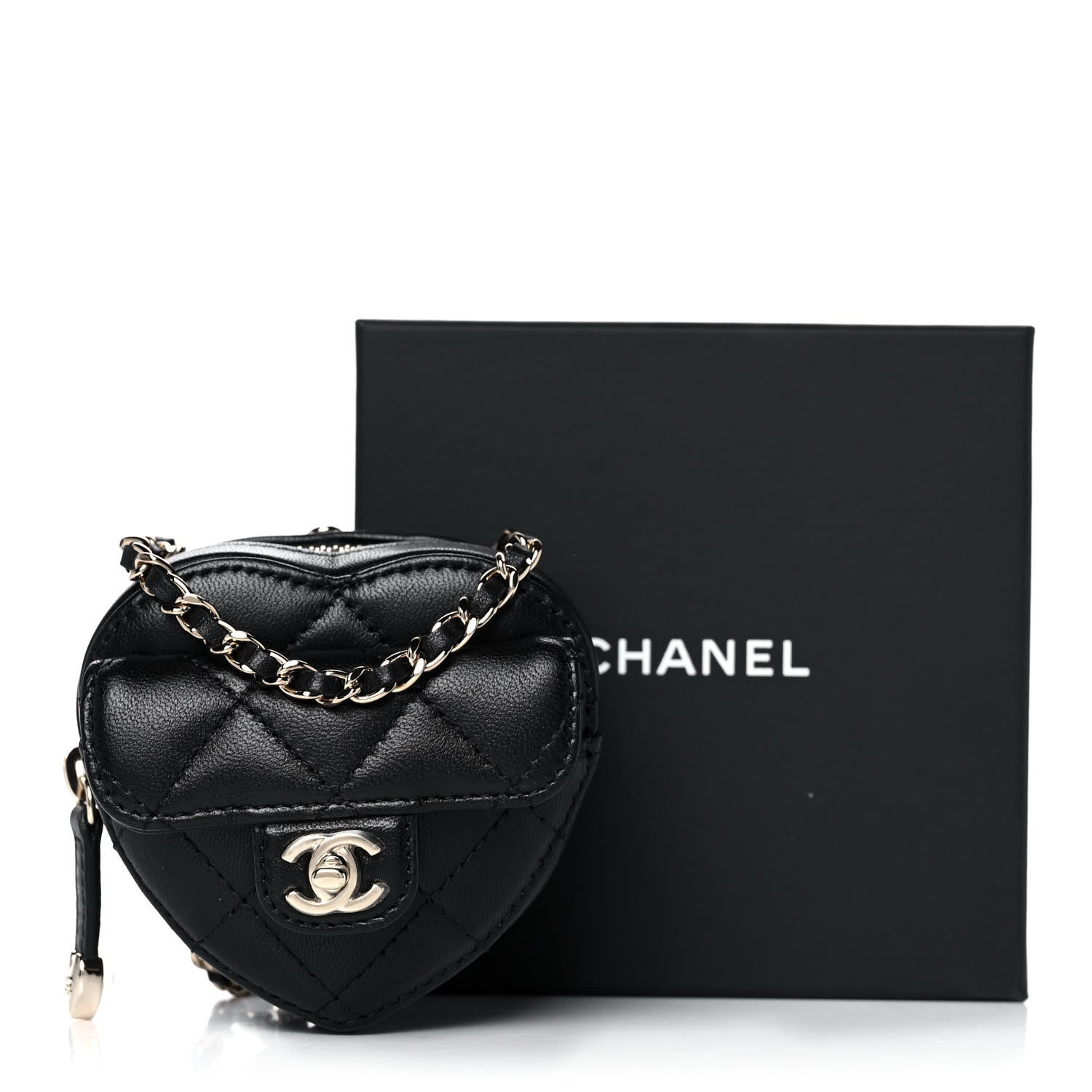 Chanel Lambskin Quilted CC In Love Heart Coin Purse With Chain Black 10 of 10