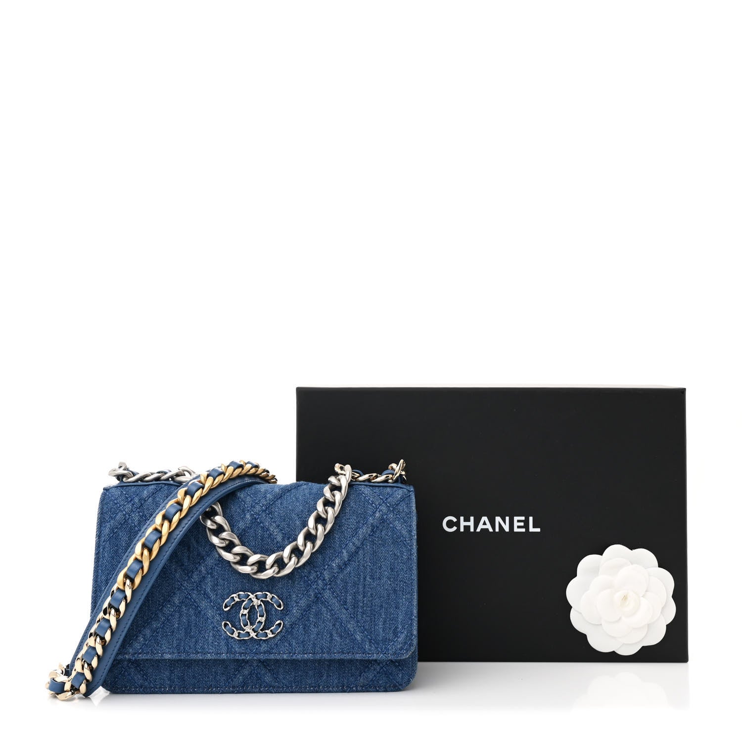 Chanel Denim Quilted Chanel 19 Wallet On Chain WOC Blue 1679897