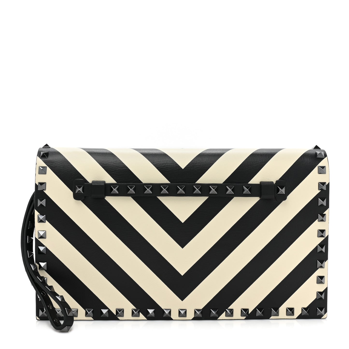 Nappa Chevron Striped Rockstud Wristlet Clutch Light Ivory Black