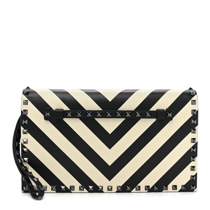 Valentino Garavani Nappa Chevron Striped Rockstud Wristlet Clutch Light Ivory Black 1 of 10