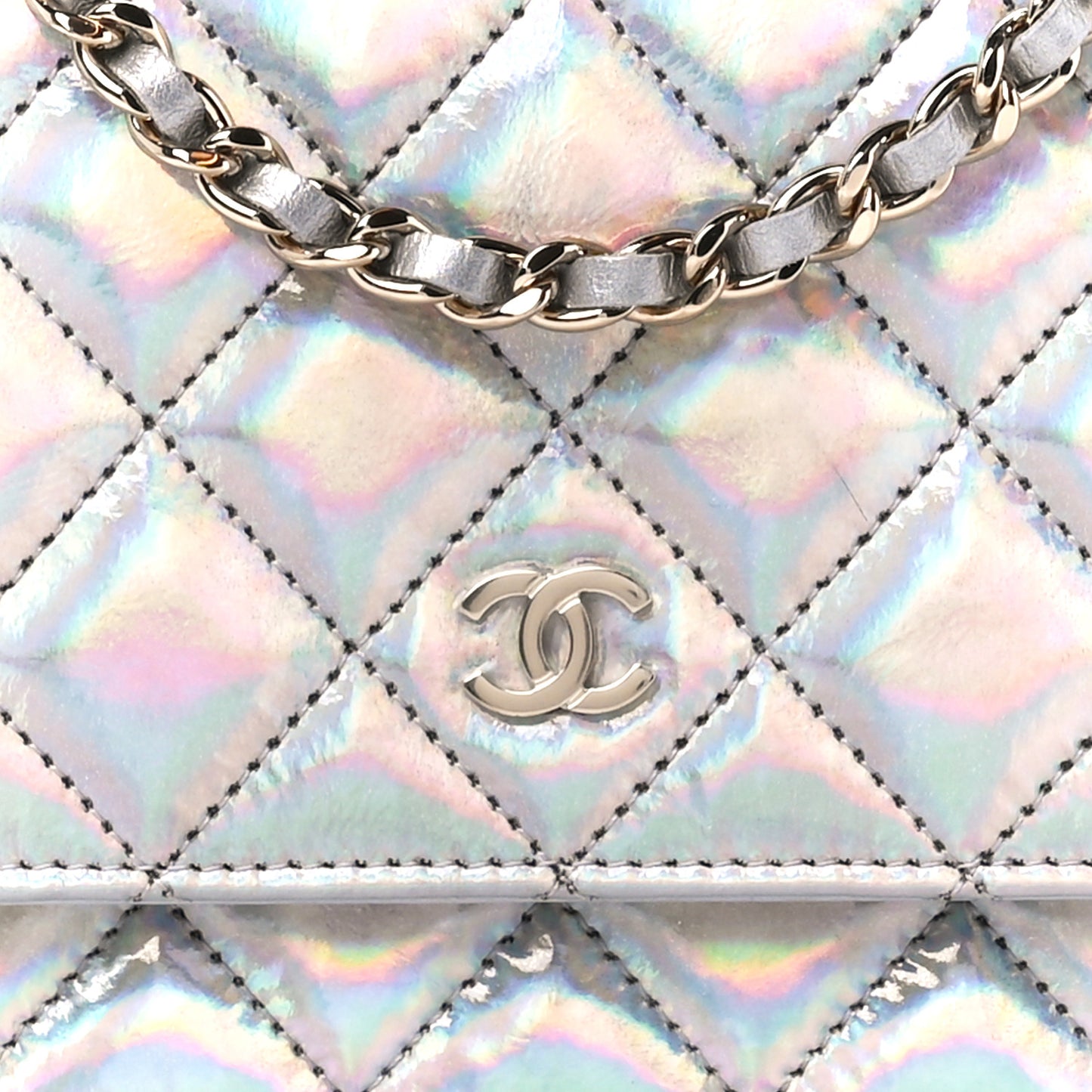 Iridescent Goatskin Quilted Wallet On Chain WOC Silver