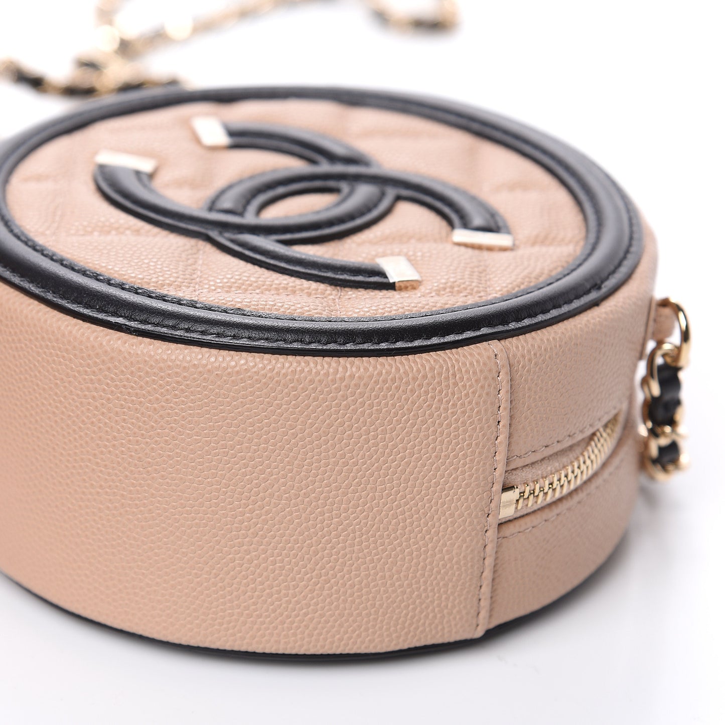Caviar Quilted Round Filigree Crossbody Beige Black