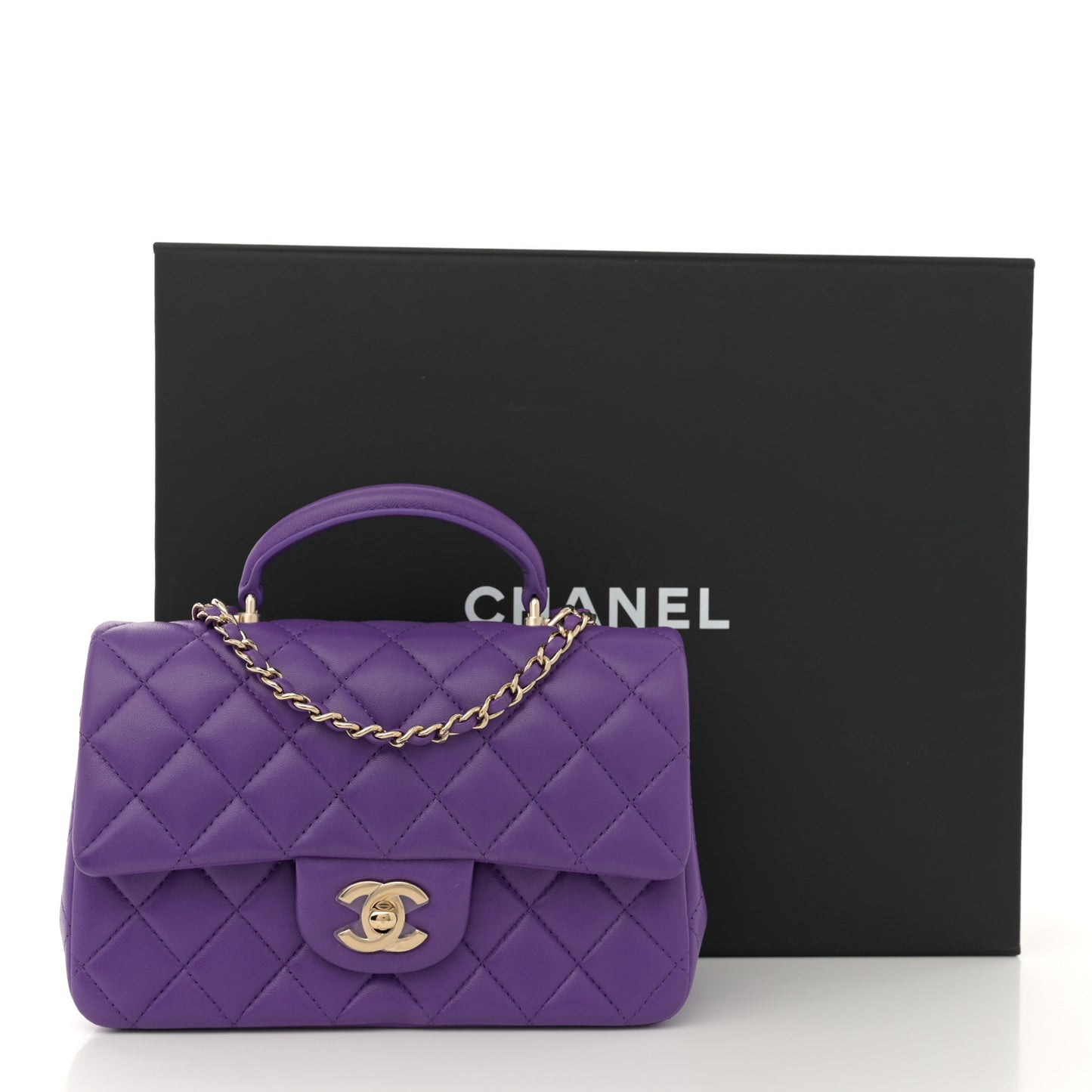 Lambskin Quilted Mini Top Handle Rectangular Flap Dark Purple