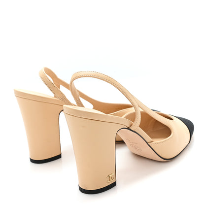 Chanel Goatskin Grosgrain Cap Toe CC Slingback Pumps 37 Beige Black 5 of 9