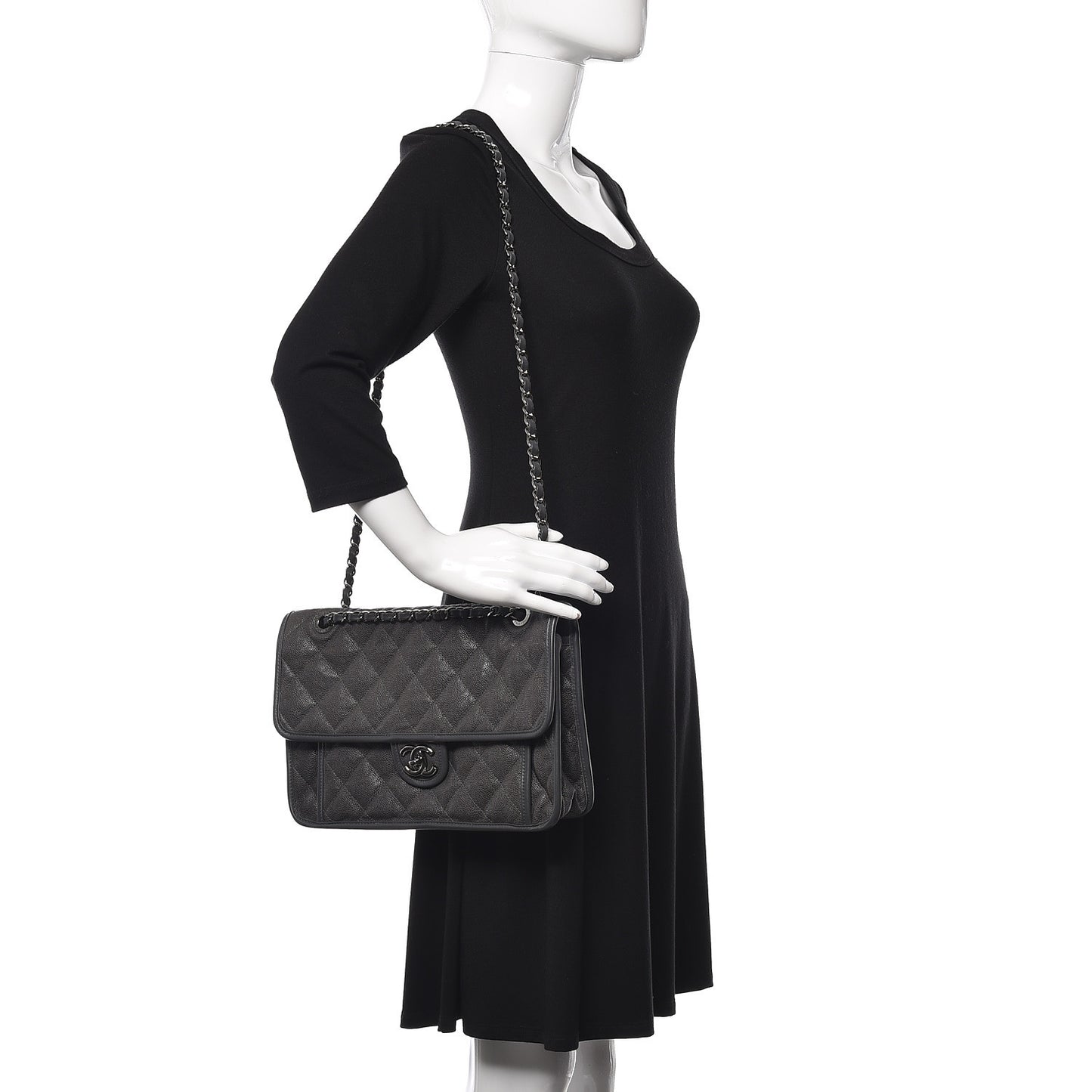 Caviar Quilted Large French Riviera Flap Dark Grey