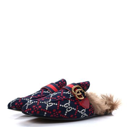 Gucci Canvas GG Monogram Diamond Fur Web GG Mens Princetown Slippers 8 Midnight Blue Hibiscus Red 3 of 7