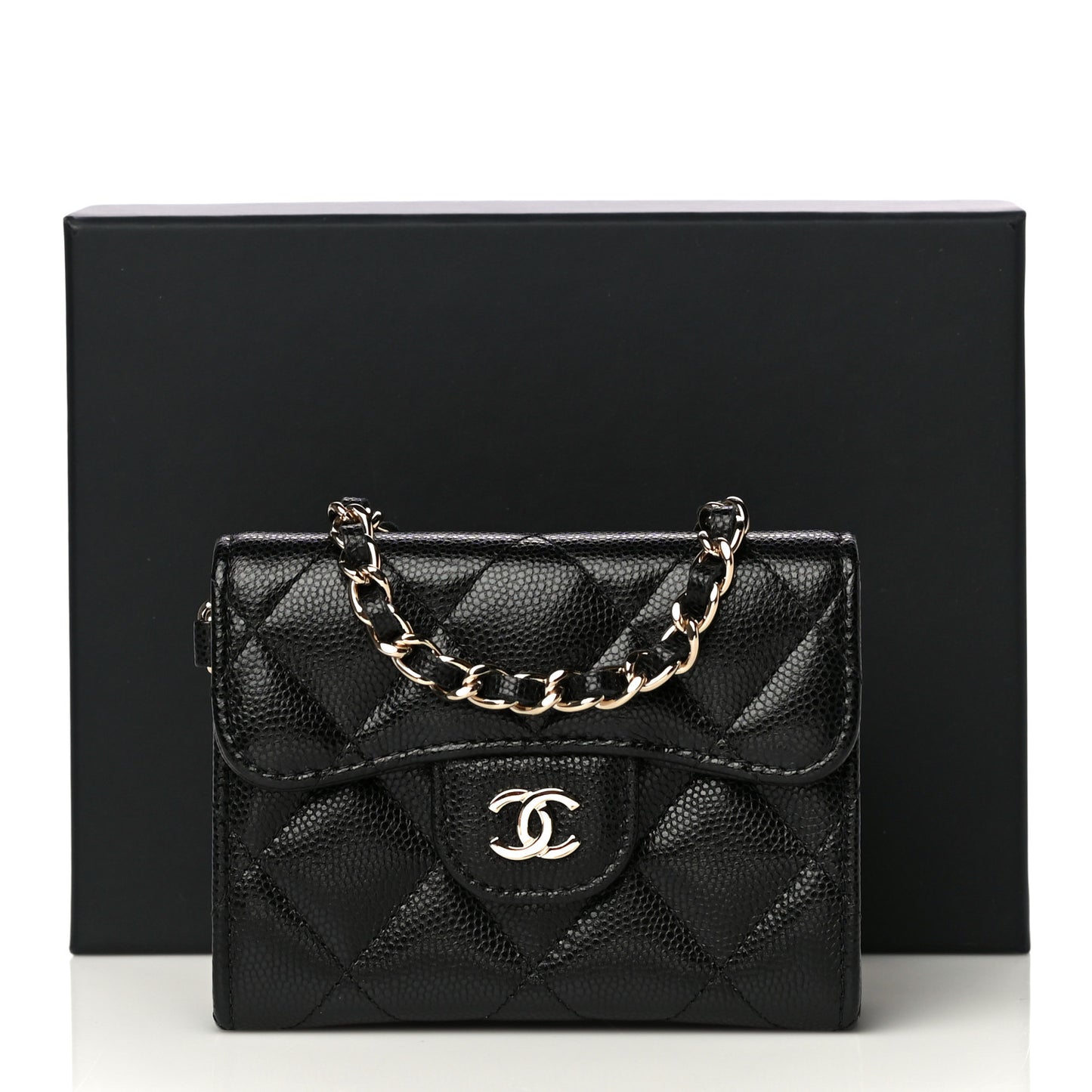 Caviar Quilted Flap Card Holder Chain Wristlet Black