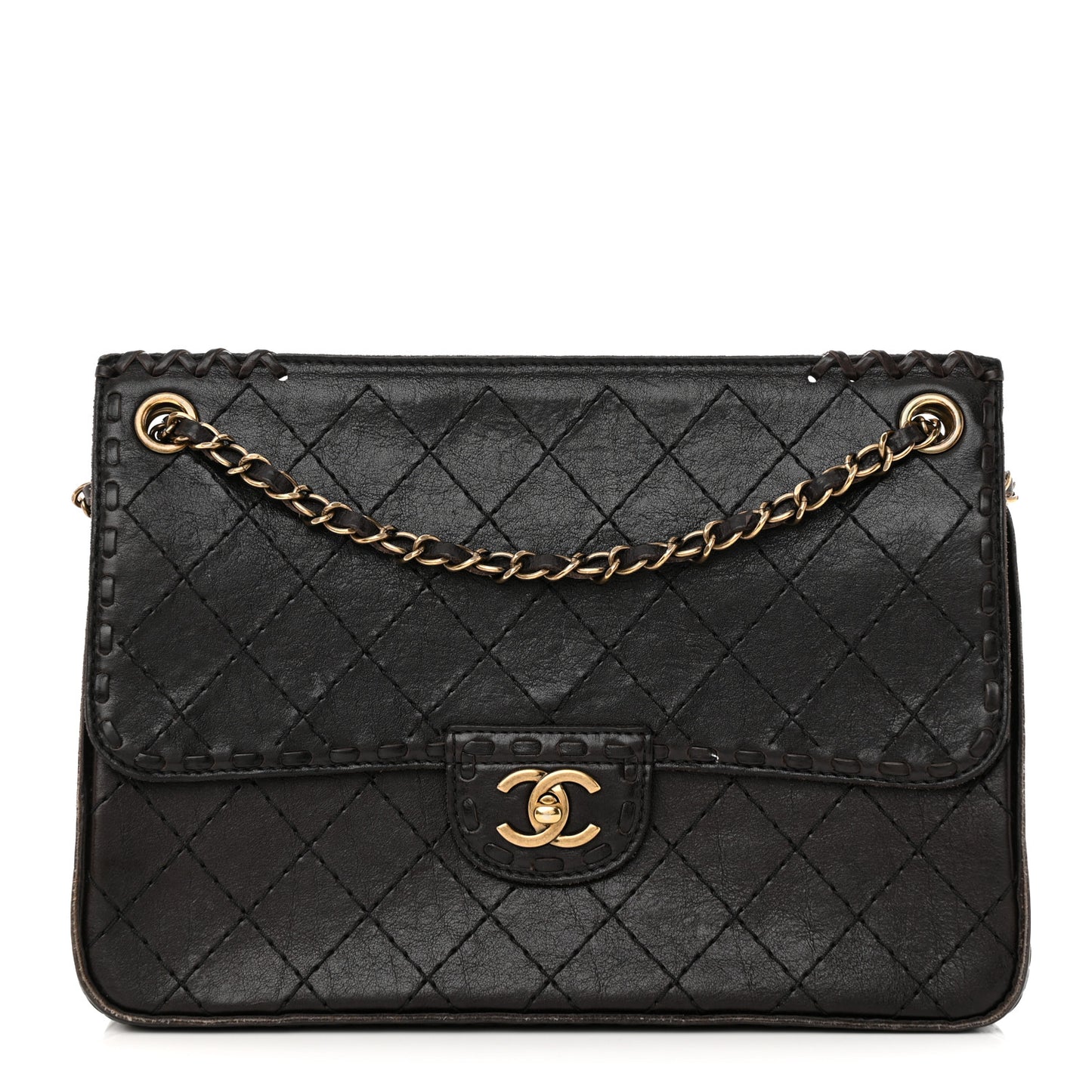 Calfskin Stitched Large Vintage Flap Dark Brown