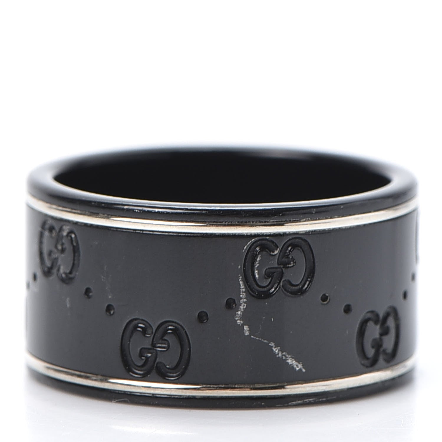 Gucci Black Synthetic Corundum 18K White Gold 12mm Icon Band Ring 57 8 2 of 5